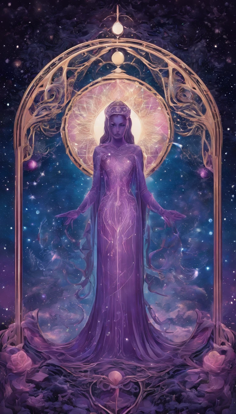 Comece com um fundo violeta profundo que preencha toda a imagem, representing cosmic space.

No centro da imagem, Draw a distant cosmic being. Este ser deve ser alto, com uma silhueta graciosa e feminina. He's standing with his back to the viewer, looking toward an inverted U-shaped portal.

The cosmic being must be wearing a flowing cloak, which is mostly pink with shades of violet. The cover should be long enough to create a dramatic effect when the cosmic being moves towards the portal.

In the left hand of the cosmic being, desenhe um cajado de madeira antigo, that gently touches the water surface in front of you. The water should be represented in shades of blue and purple, creating a sense of calm and mystery.

In the right hand of the cosmic being, coloque uma lanterna acesa, that illuminates the area around you. A luz da lanterna deve ser suave e acolhedora, highlighting the figure of the cosmic being.

The inverted U-shaped portal must be placed in front of the cosmic being, parecendo uma abertura para outro mundo. Ele deve brilhar com cores cintilantes em tons de violeta e azul, to give the feeling of transcendence.

No fundo, Above the portal and around the cosmic being, Create a starry sky. As estrelas devem ser pequenas, brilhantes e numerosas, Filling Cosmic Space. Destaque uma Lua Cheia Brilhante que brilha intensamente no canto superior direito da imagem.

Certifique-se de que todos os elementos da imagem se harmonizem com as cores predominantes de violeta, rosa, azul e roxo, creating a sense of magic and mystery.

Adicione detalhes sutis de brilho e luminosidade aos elementos, como a capa, a lanterna e o portal, to give depth and realism to the image.

Finalize a imagem com cuidado, ensuring that each element is visible and that the overall composition conveys the feeling of a mysterious cosmic being about to enter an extraordinary world.