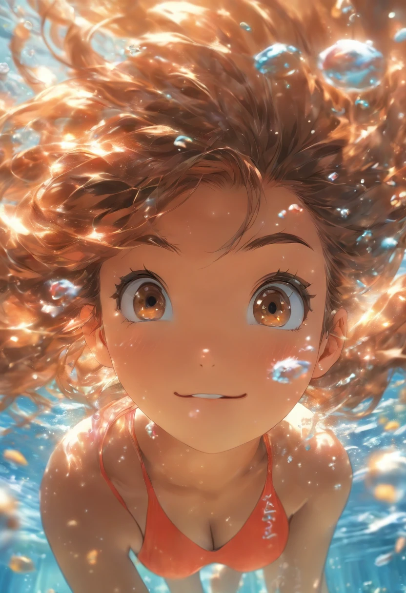 (best quality, masterpiece:1.2),ultra-detailed, realist, brown-haired girl, dreamy brown eyes, flowing long hair, underwater scene, air bubbles, solo figure, direct eye contact, wearing a school swimsuit, swimming gracefully, soft dappled sunlight