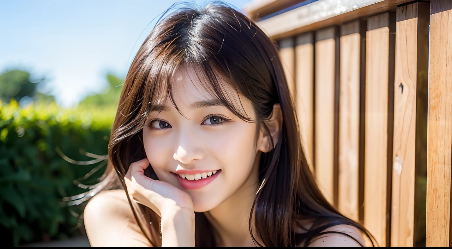 ((top-quality)), ((超A high resolution)), (Photorealsitic:1.4),(1girl in:1.3),(The upper part of the body:1.3), looking at the viewers, facing the front there, A smile, Laugh,length hair,ulzzang -6500-v1.1,pureerosface_v1, extended downblouse,