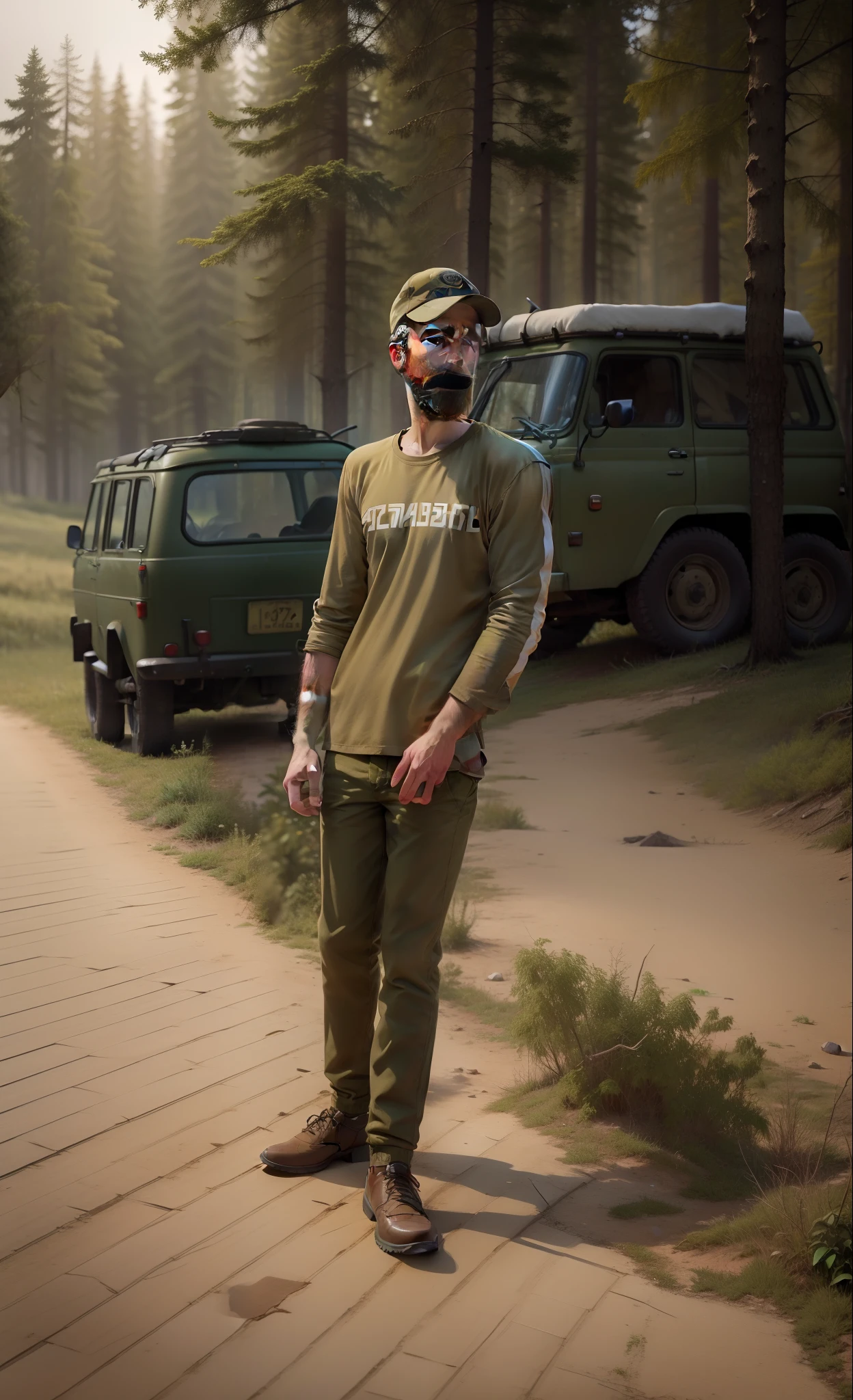 Ryan Gosling, dressed as Burzum,  khaki t-shirt, camouflaged pants, beard,  in the woods, next to a Russian UAZ car,