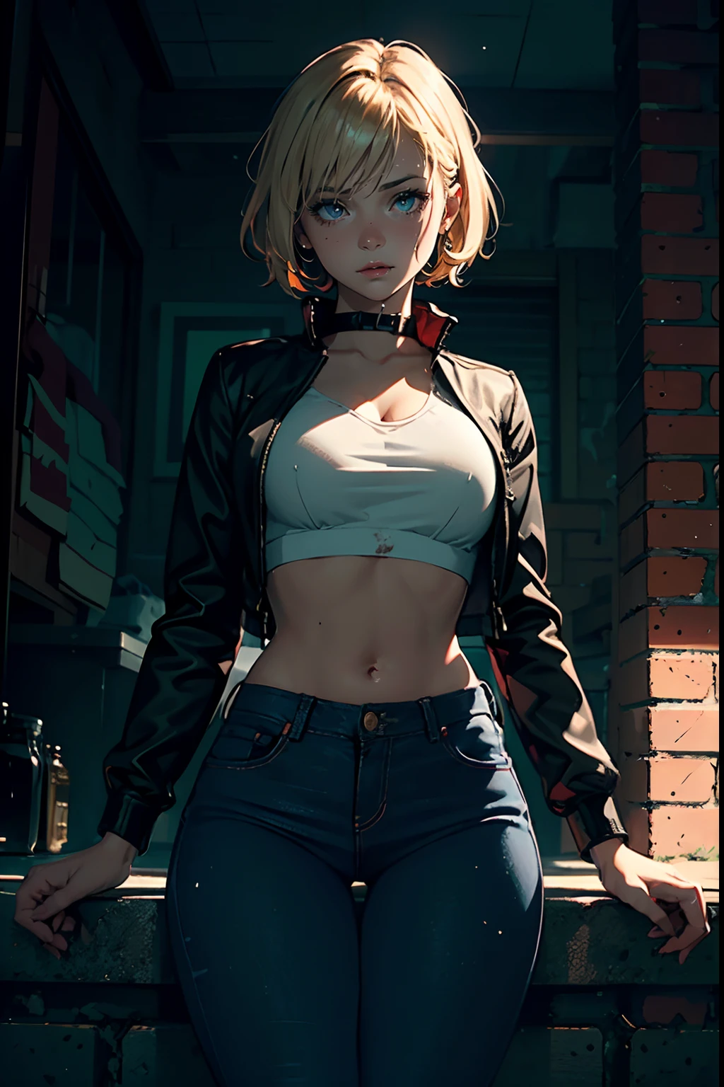 (The photo was taken in an outside field 1.5) The girl on focus, She is facing the camera. She wears a brown jacket, for roleplay porpuses, revealing its curves, she wears tight jeans, dark blue jeans. The outfit is very tight around her waistline, and her shouldes are bare. She is covered in blood, staining all her clothes and she is also drenched in it, with a very clear sky. Her hair is blonde and short, with colored streaks, or blonde multicolored hair. She is touching her body, and playing with it, or maybe not. The lighting in the photo is impressive. The girl is illuminated perfectly with volumetric lighting. The rest of the photo is in dim light, with a very complicated background. This creates a sense of pleasure and intrigue. The colors are all vibrant and satisfying to look at. The face is very realistic, and she is very detailed as well, she is appealing to look at. The general mood of the photo is sensual and alluring. The girl is the center of attention of the photo, And its beauty is undeniable. The beautiful setting and dramatic lighting create a sense of hypnosis and excitement. This photograph is a perfect example of professional cinematic photography. It is well lit, well-proportioned, And the theme is absolutely amazing. It is sure to attract the attention of anyone, Who will see it. You could put a ornaments in her hair. Whatever, As a result, the photo will be composed?, It is sure to be a stunning and memorable image.