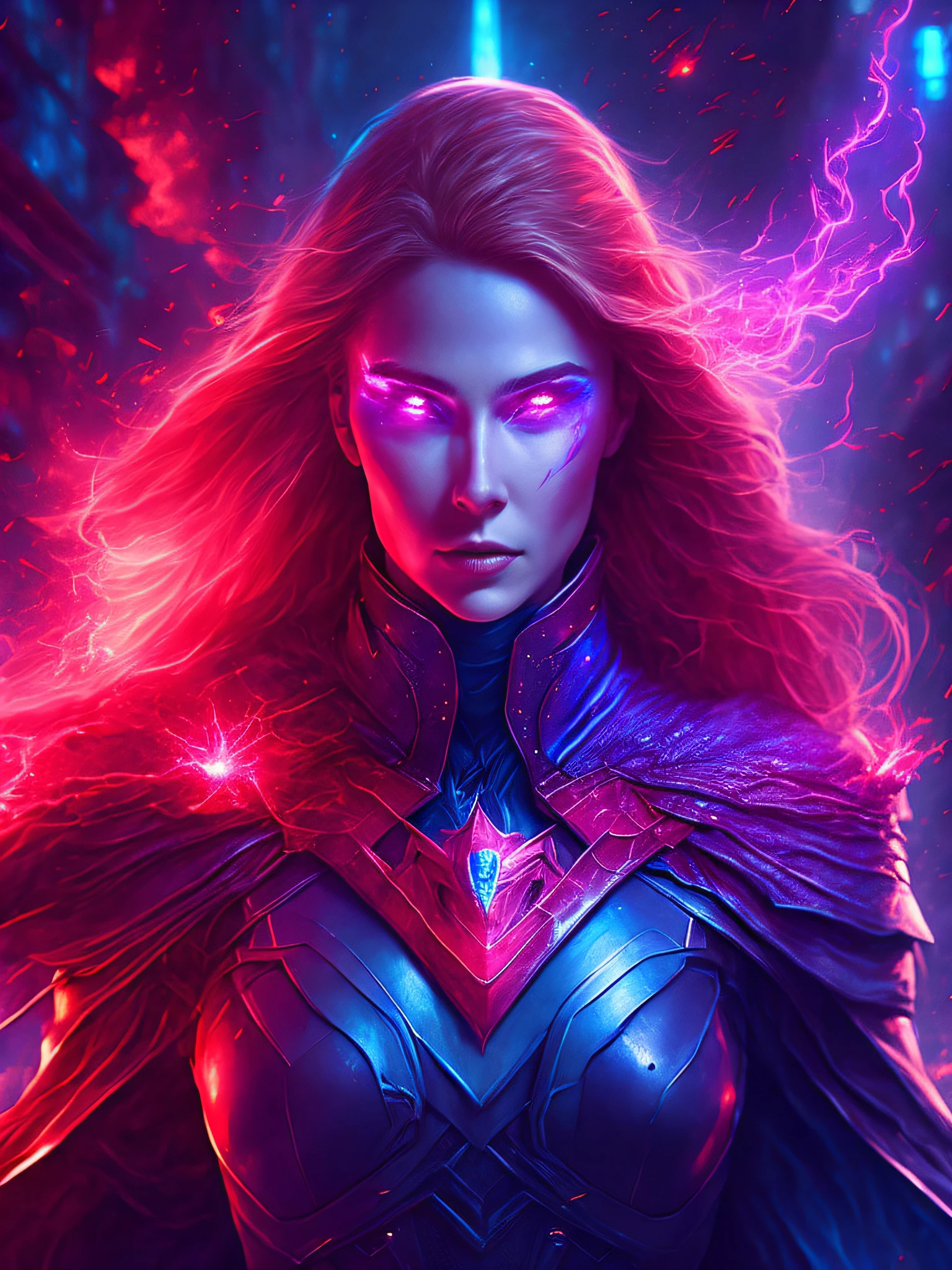 gloomy portrait of Scarlet Witch Horseman of the Apocalypse from Marvel, extremely detailed, futuristic cityscape, nighttime, glowing neon lights, smoke, sparks, metal shavings, flying debris, blue energy effects, volumetric light