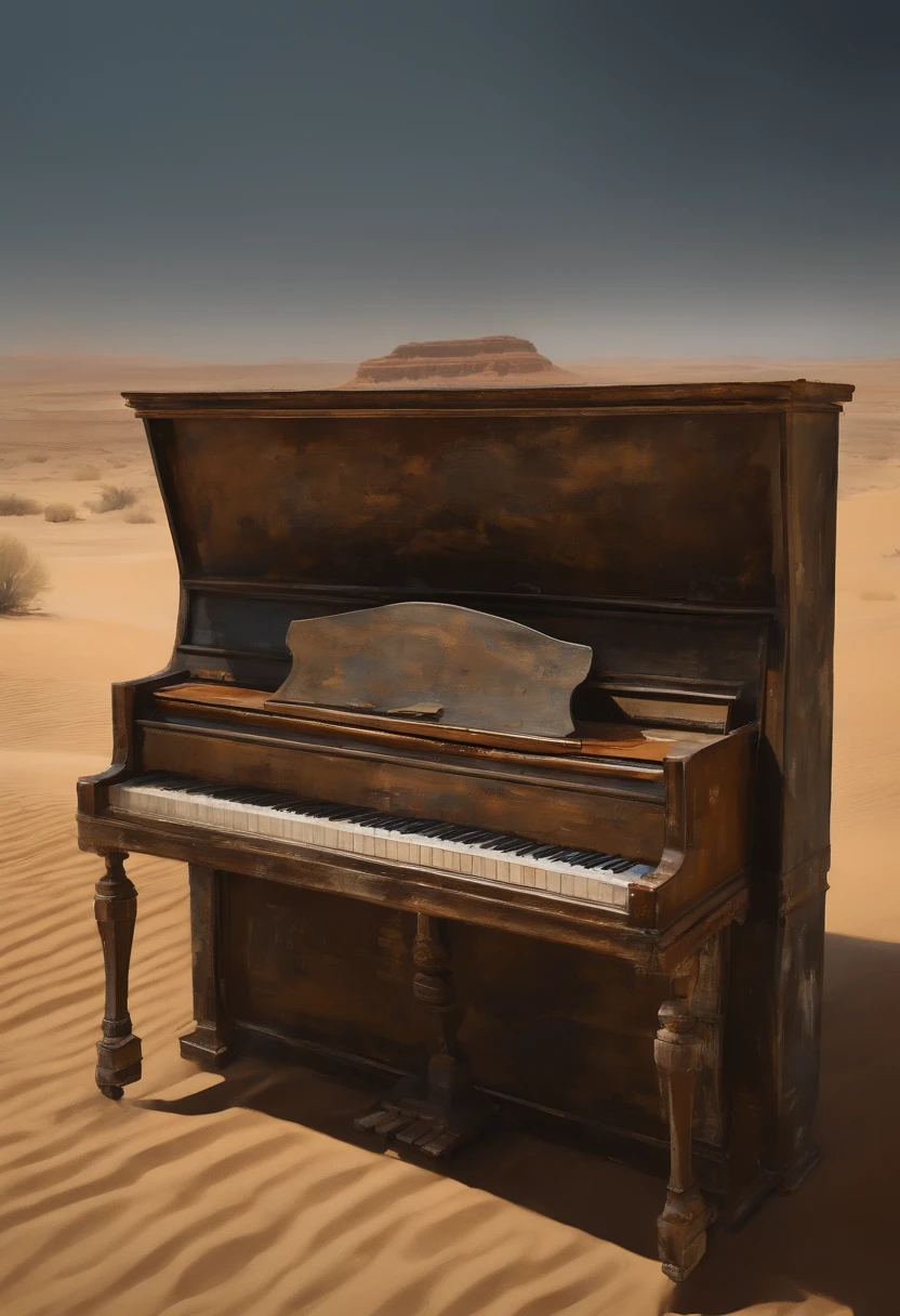 a piano in a middle of a post apocalyptic desert, high quality high detail painting by Ashley Wood,  hd, photorealistic lighting --auto --s2