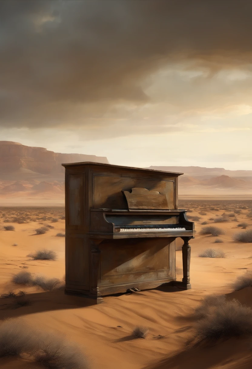 a piano in a middle of a post apocalyptic desert, high quality high detail painting by Ashley Wood,  hd, photorealistic lighting --auto --s2