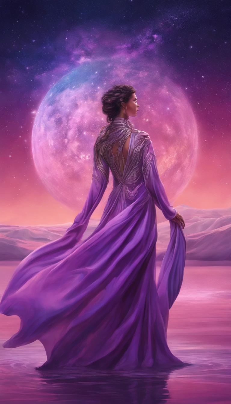 A distant cosmic being on his back and standing with a pink and violet cloak, entrando em um portal em forma de U invertido. The cosmic female being has an ancient wooden staff in one hand touching the water ground and in the other hand a lit lantern, em um pano de fundo de violeta, azul, e roxo. A sky full of stars, com um grande, Lua Cheia Brilhante.