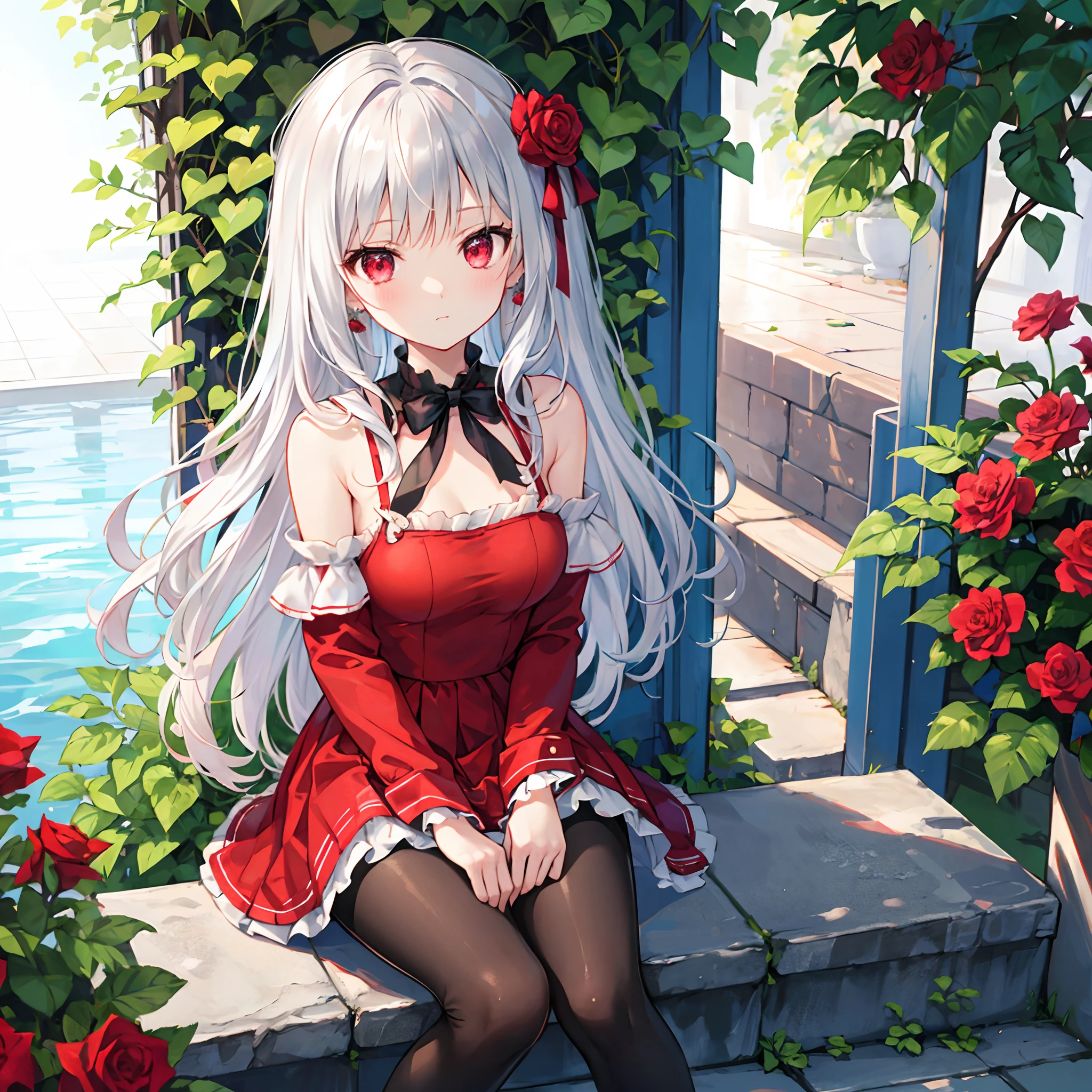 silber hair、red eyes、One girl、kawaii、animesque、Kimono、off shoulders、a miniskirt、red blush、Bright red rose garden、sitting on