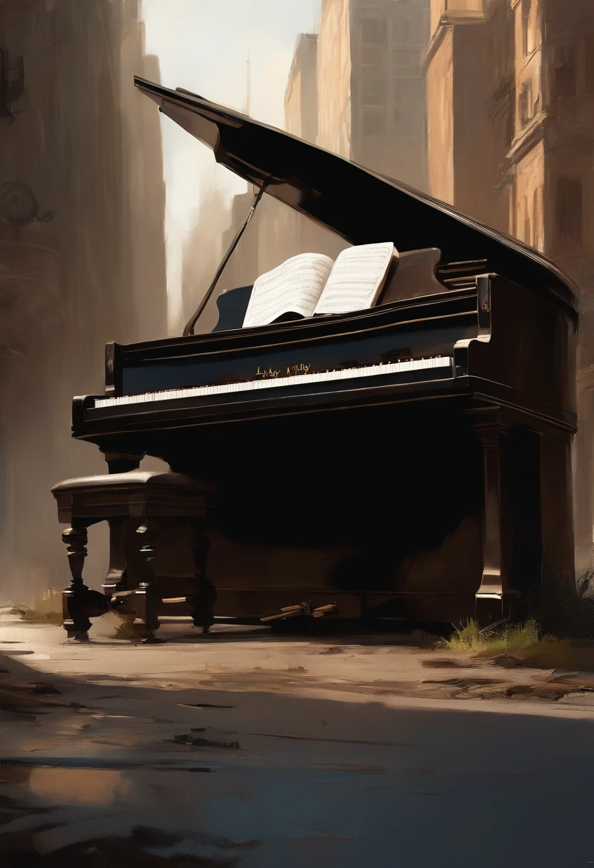a piano in a middle of a road in an post apocalyptic city, high quality high detail painting by Ashley Wood, hd, photorealistic lighting --auto --s2