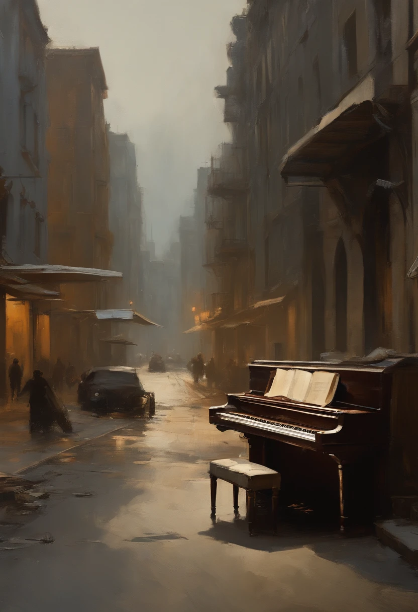 a piano in a middle of a road in an post apocalyptic city, high quality high detail painting by Ashley Wood, hd, photorealistic lighting --auto --s2