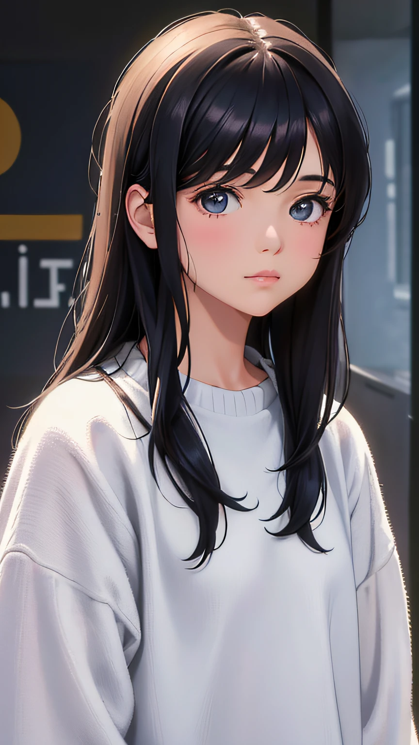 (obra maestra, realista, ultra-high-resolution, alta calidad: 1.2), 1 girl in, (joven), (sin maquillaje), cabello negro, White knit sweater, retrato, foto antigua, 80s style,estudio,