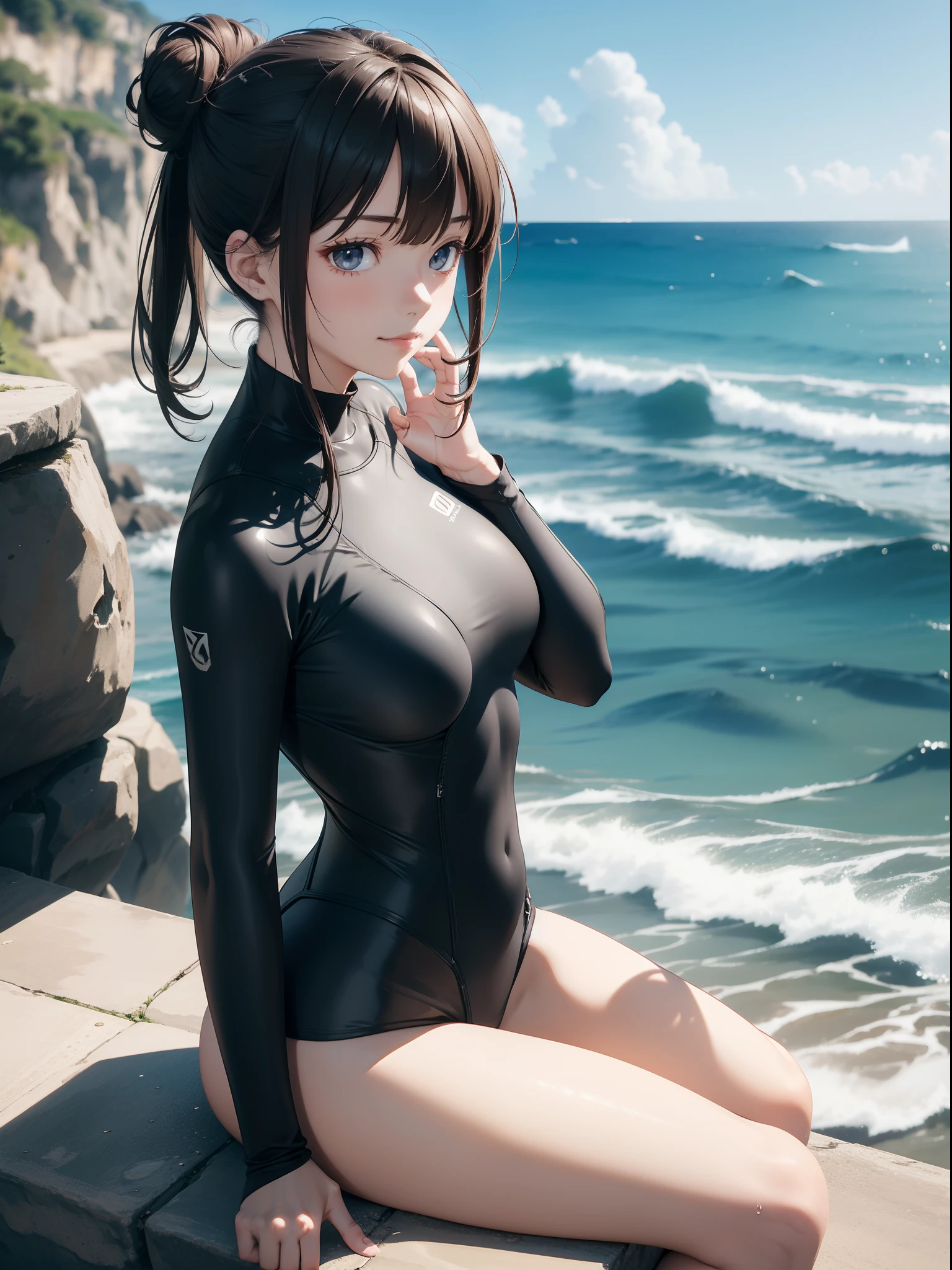 masutepiece, Best Quality, hyper detailed illustration，beautiful artwork，(Extreme Detail CG Unity 8K wallpaper、​masterpiece、top-quality)、(exquisite lighting and shadow、highly dramatic picture、cinematic lens effects)、There is a woman sitting on a ledge by the water along the coast, 1girl in, Solo, Brown hair, Smile, Swimsuit, Looking at Viewer, Hair bun, Outdoors, Sitting, Ass, day, breasts, Closed mouth, ocean, Bangs, Long sleeves, grey  eyes, Beach, Single hair bun, Water, medium breasts，wetsuit，Wet，bare legs，surfer，