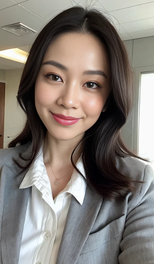 masterpiece,best quality, (1 milf), ((close up:0.5)), ((cross arms)), glare, gray blazer, white shirt, double eyelid, eyelash, lip gloss, (smile:1), ((close eyes:0.85)), ((open mouth:1, point to own chest:1)), ((Looking at Viewer)), RAW, (from above:0.2), ((nobody)), office,