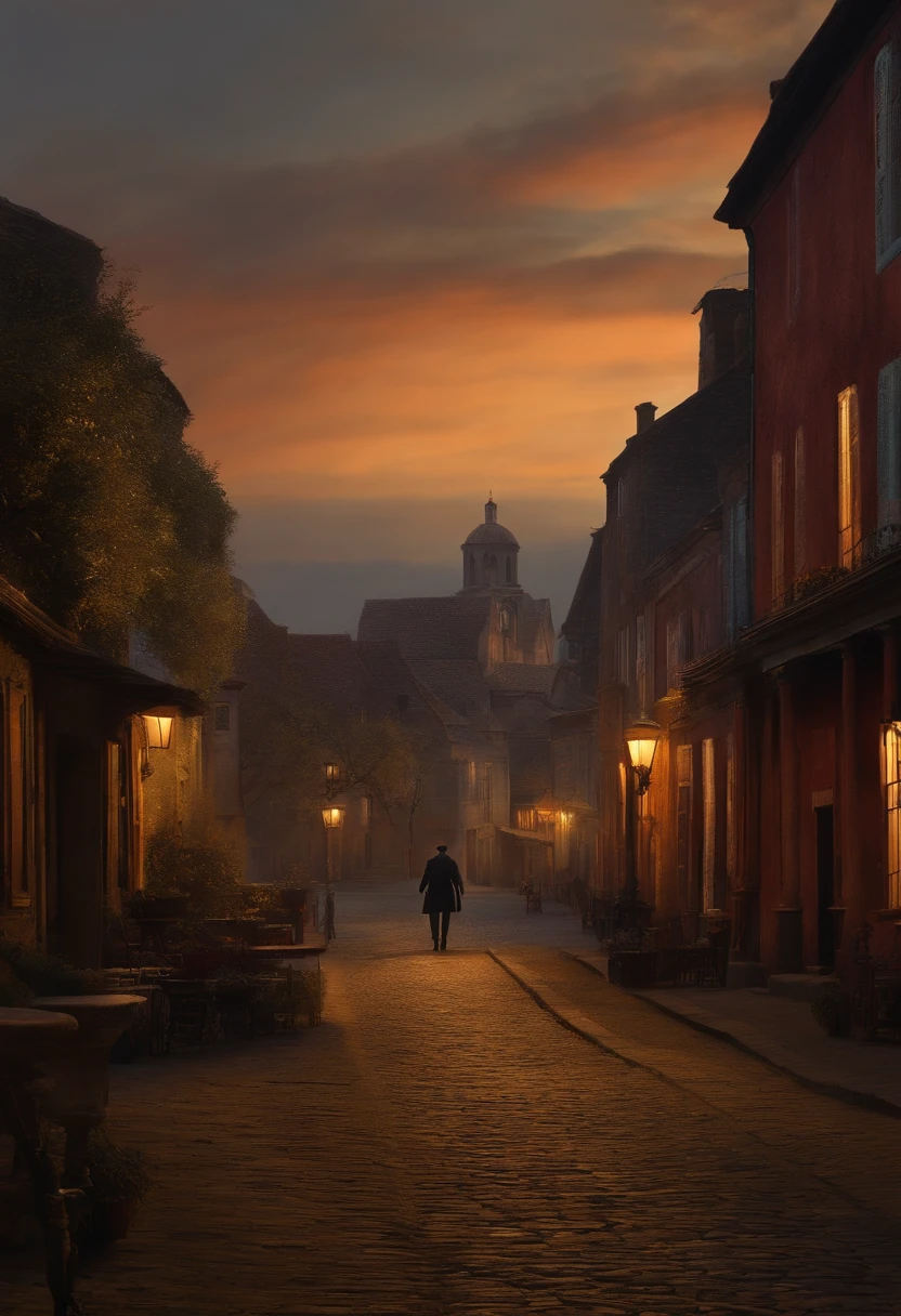 There's a man walking into a shadowy town with a shotgun in his hand, he's from the 18th century ARte painting.