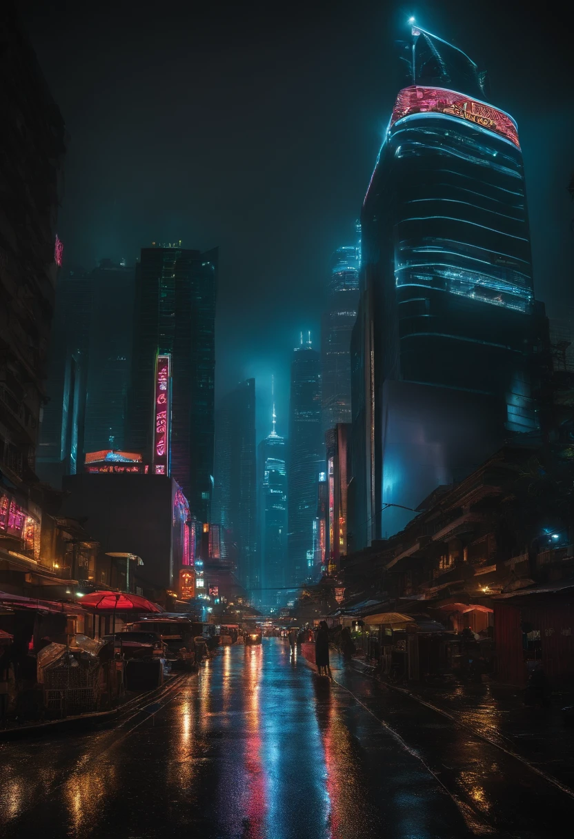 an extensive city skyline shrouded in darkness, illuminated only by vibrant neon lights that reflect wet, ruas encharcadas pela chuva. Skyscrapers should be adorned with holographic billboards and imposing mega-corporate logos.