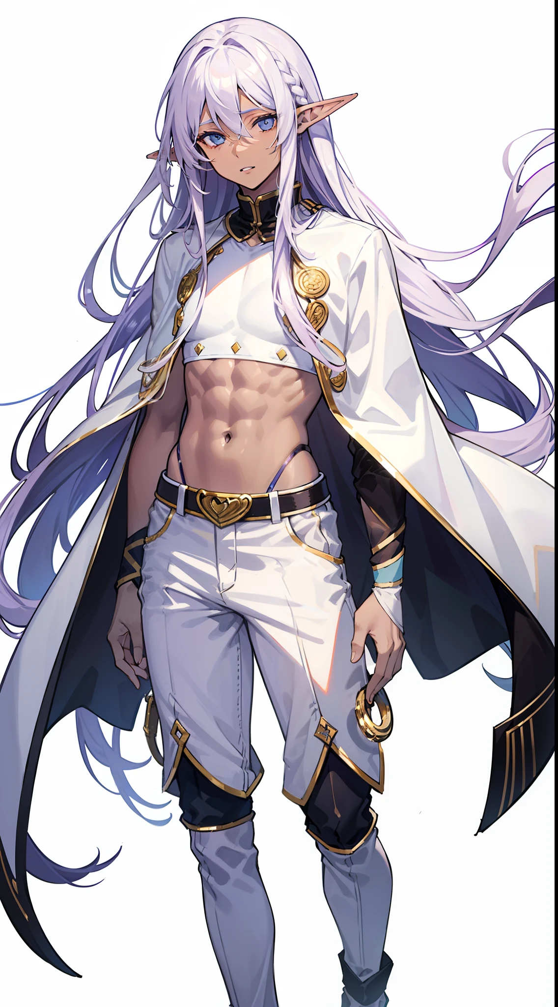 a beautiful man, extremely long hair , light purple hair , light blue eyes , ((brown skin+++)), adult male ,Solo, male, skinny , effeminate, full lips , wearing a crop top , skinny body , has elf ears
masterpiece, best quality, ((pure white background)), standing ,cold face, full body, jacket, white T-shirt, casual pants, (Fashionable clothing), happy, light effect, soft, super clear, (front), Solo