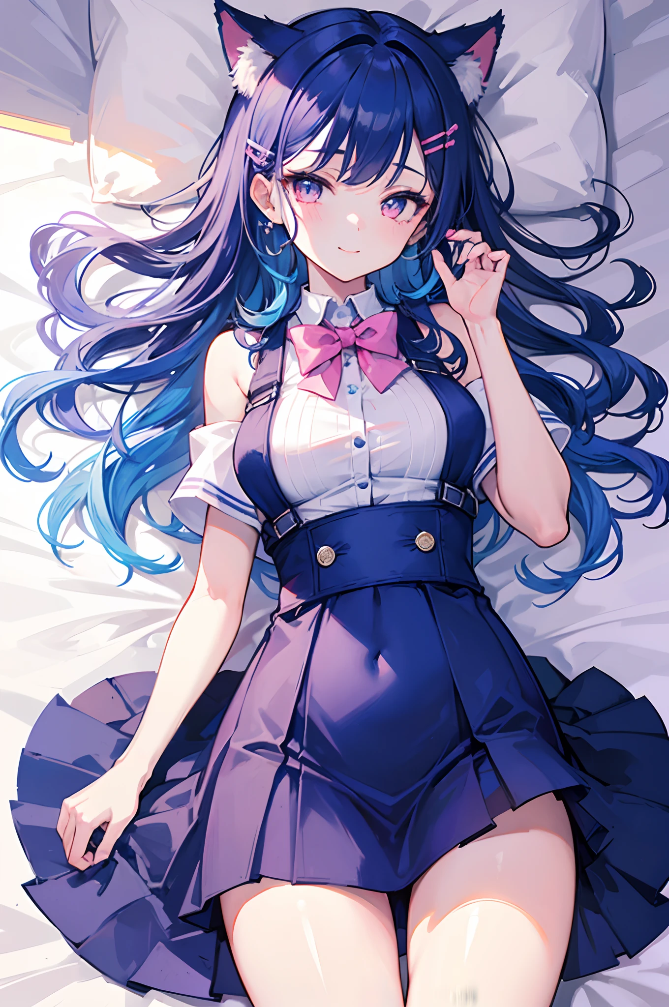 1 girl, medium-length hair, Wavy Hair, blue hair, pink eyes, pastel colours, Snide smile, blue very small cat ears, school sexual uniform, bare shoulders, colored plasters on the body, hairpins on the hair, a lot of details, Average Breasts, large legs, Large thighs, lying on the bed, small girl
