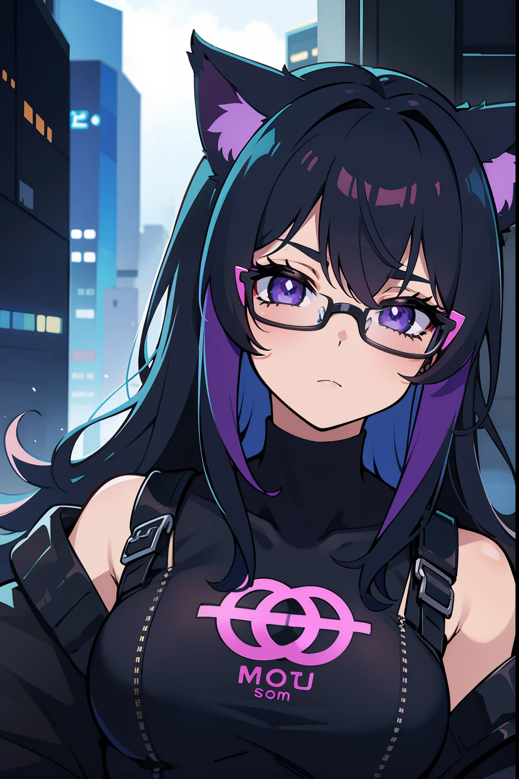 Cyberpunk menina roxo gamer, with glasseswith cat ears, olhos roxos brilhando, Cabelo tamanho medio preto Chanel com pontas roxa