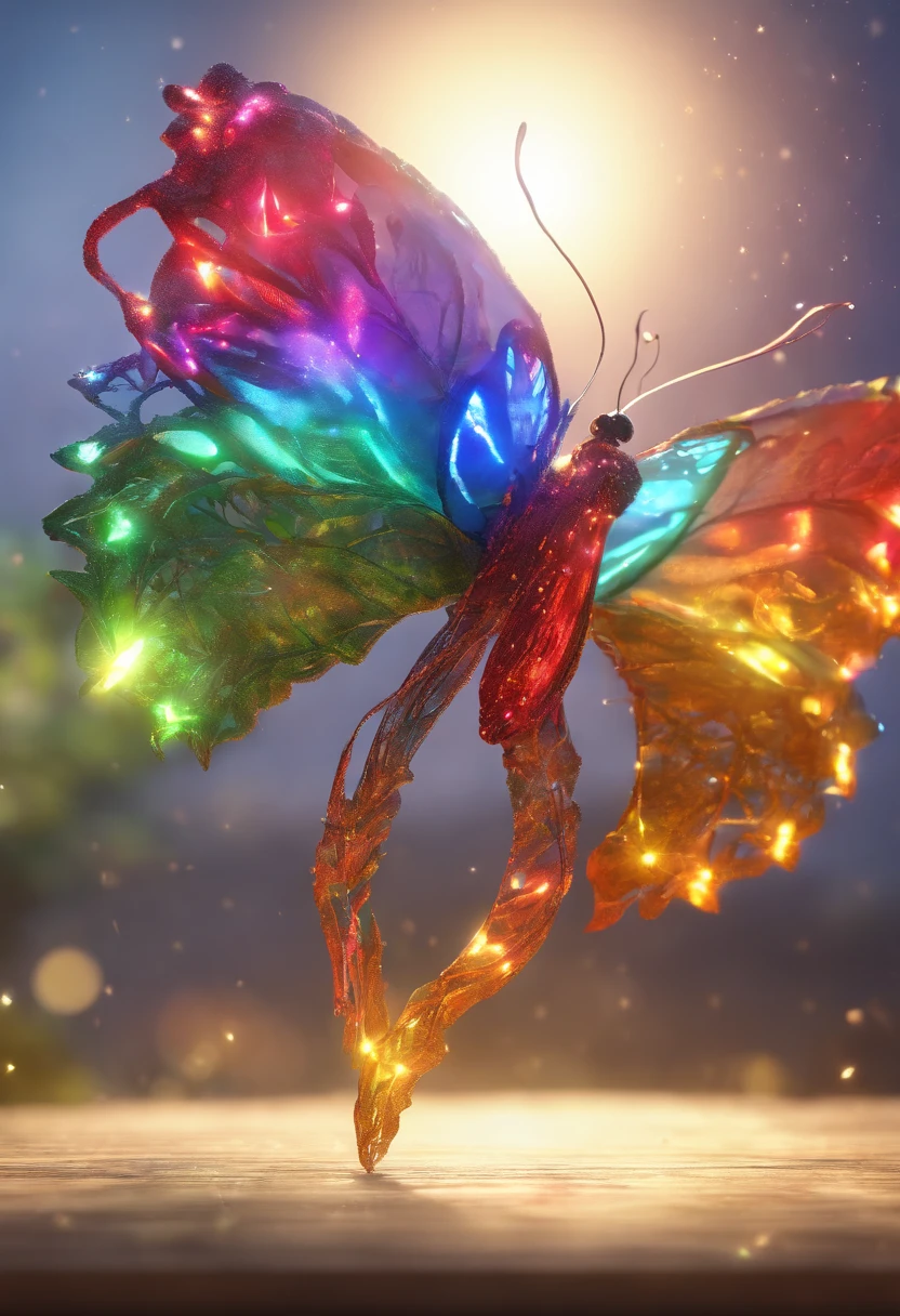 A glowing butterfly with rainbow wings. Voando graciosamente e deixando um rastro de cores pelo ar.