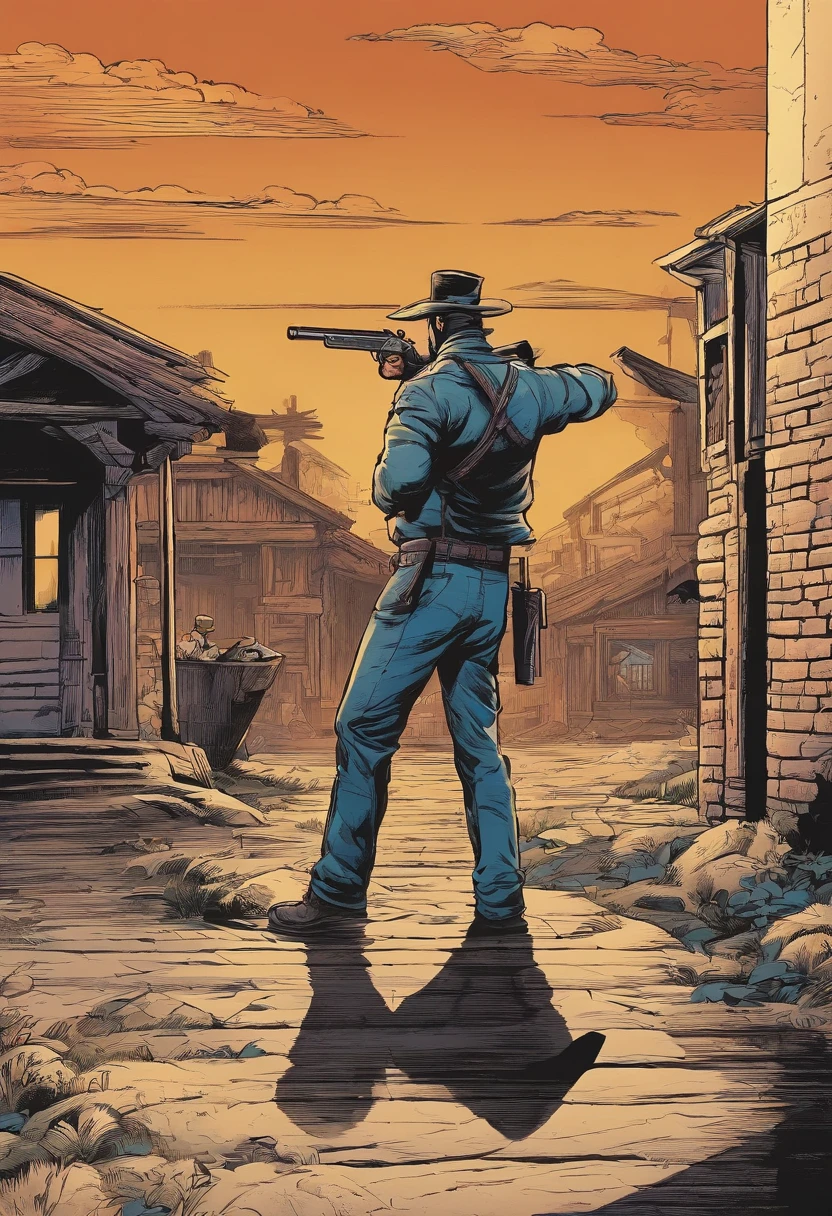 There's a man walking into a shadowy town with a shotgun in his hand, it is from 18th century painting. Pintura DARK fantasy estilo revista Pulp anos oitenta