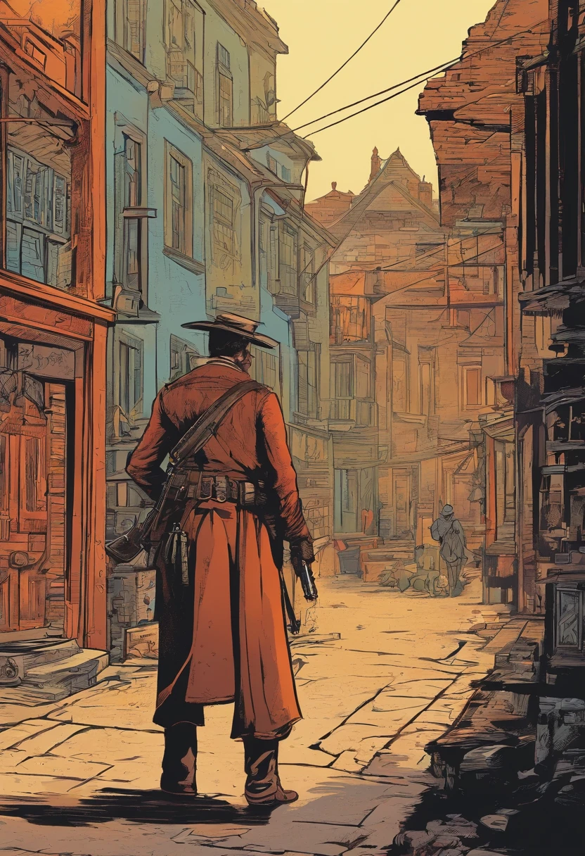 There's a man walking into a shadowy town with a shotgun in his hand, it is from 18th century painting. Pintura DARK fantasy estilo revista Pulp anos oitenta