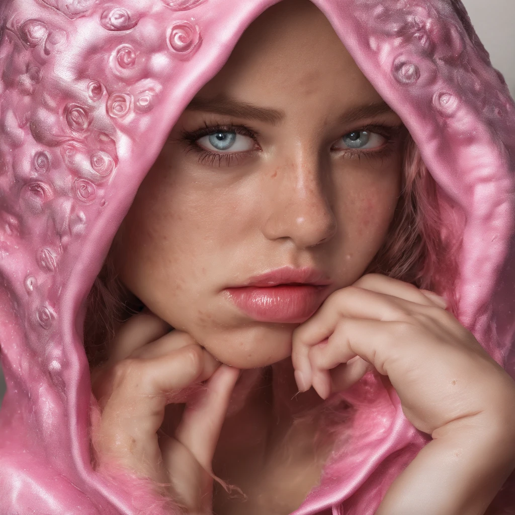 Uma garota de olhos vermelho, com um bikini rosa,