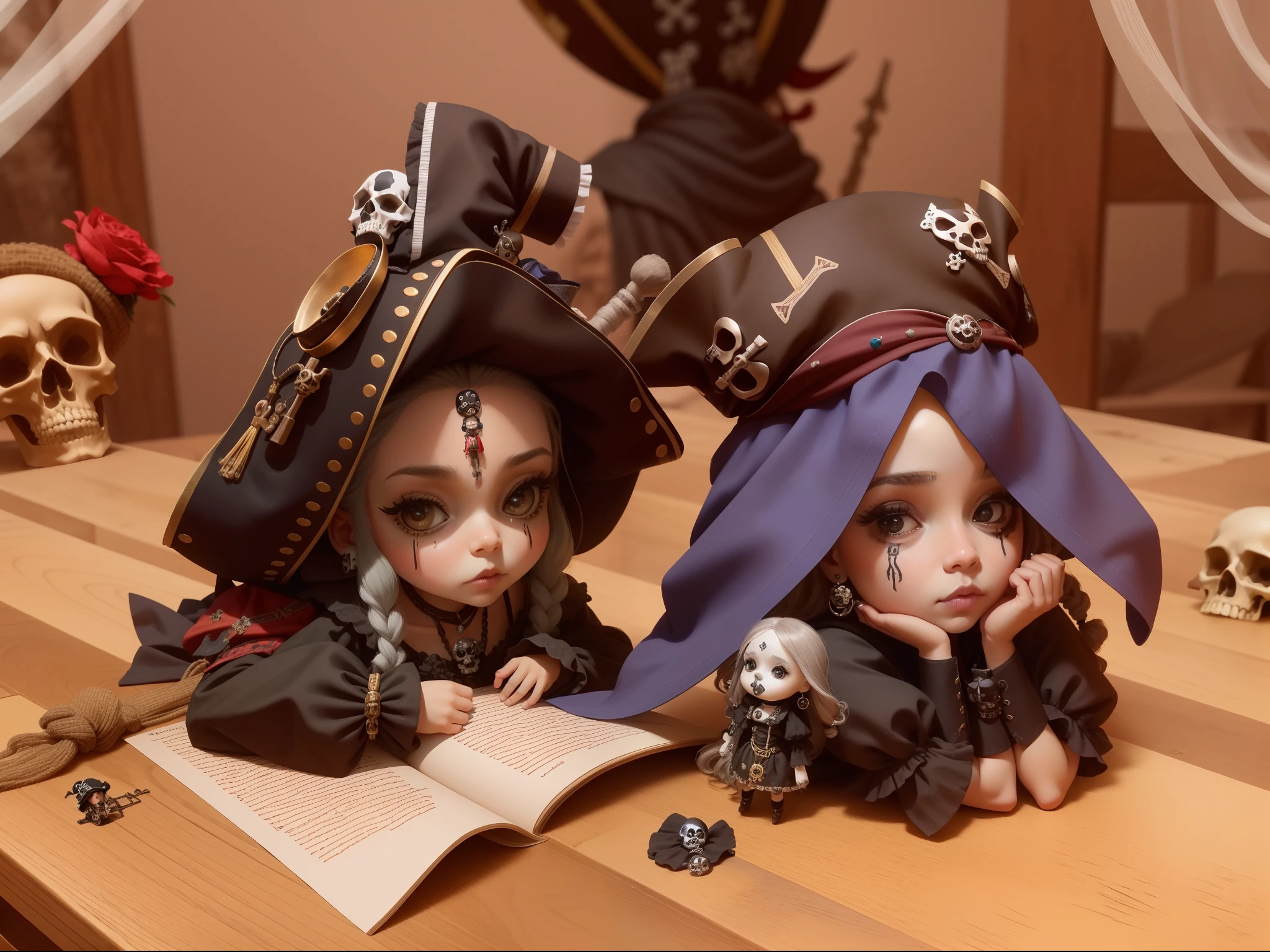 there are two small dolls that are sitting on a table, pirate themed, with a male pirate partner, taken on iphone 14 pro, skulls, voodoo hat, victorian day of the dead, skull earings, mixed media, taken on iphone 1 3 pro, by Tom Wänerstrand, shot on iphone 1 3 pro, skulls and skeletons, pirates