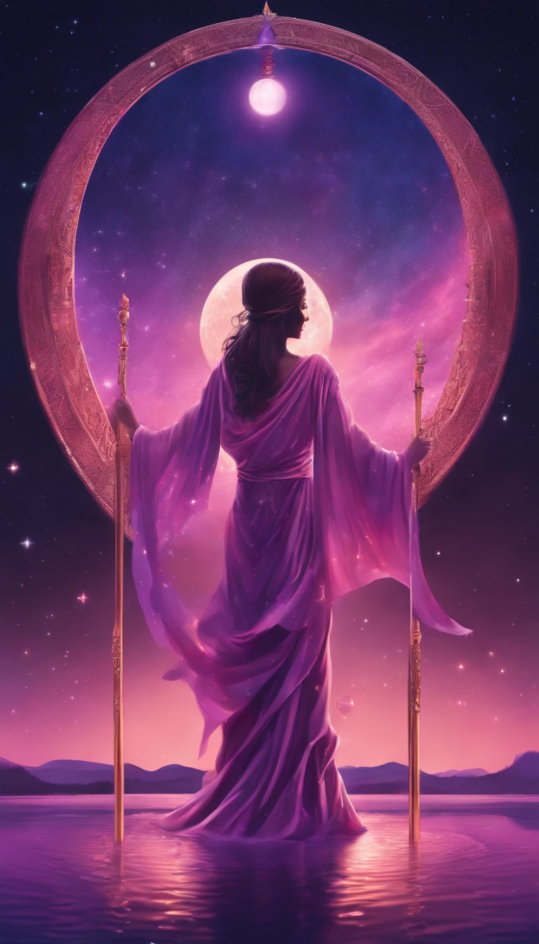 A distant cosmic being on his back and standing with a pink and violet cloak, entrando em um portal em forma de U invertido. The cosmic female being has an ancient wooden staff in one hand touching the water ground and is looking at a large lit lantern, em um pano de fundo de violeta, azul, e roxo. A sky full of stars, com um grande, Lua Cheia Brilhante.