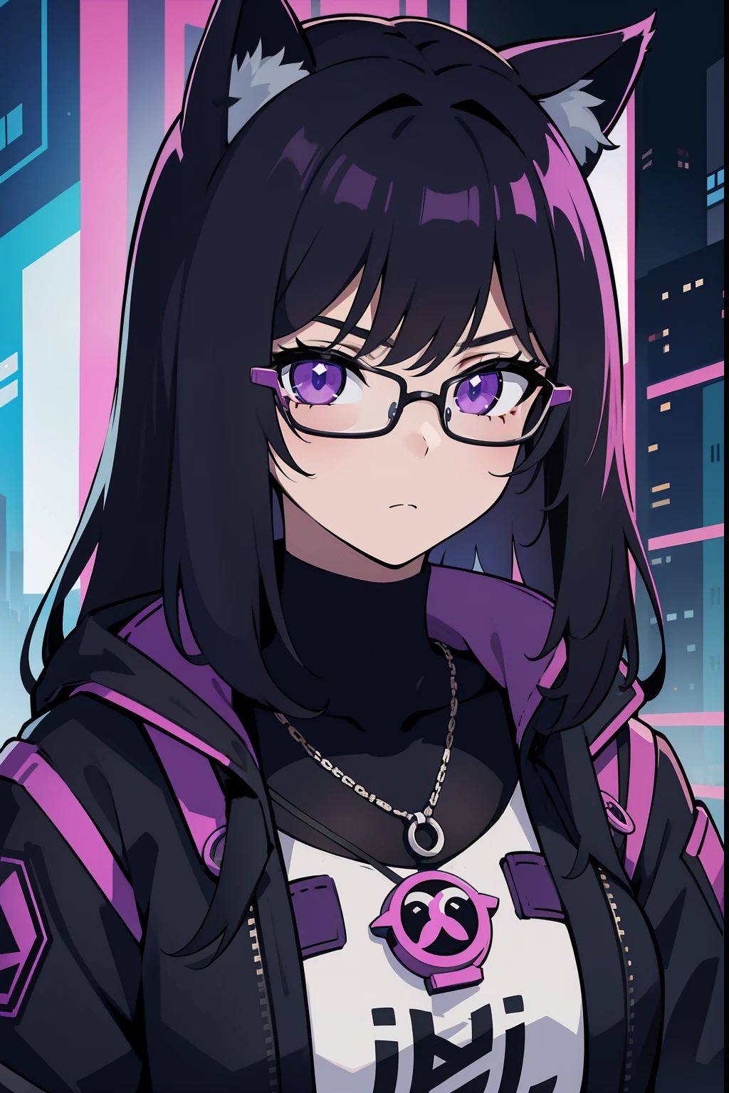 Cyberpunk menina roxo gamer, with glasseswith cat ears, olhos roxos brilhando, Cabelo tamanho medio preto Chanel com pontas roxa