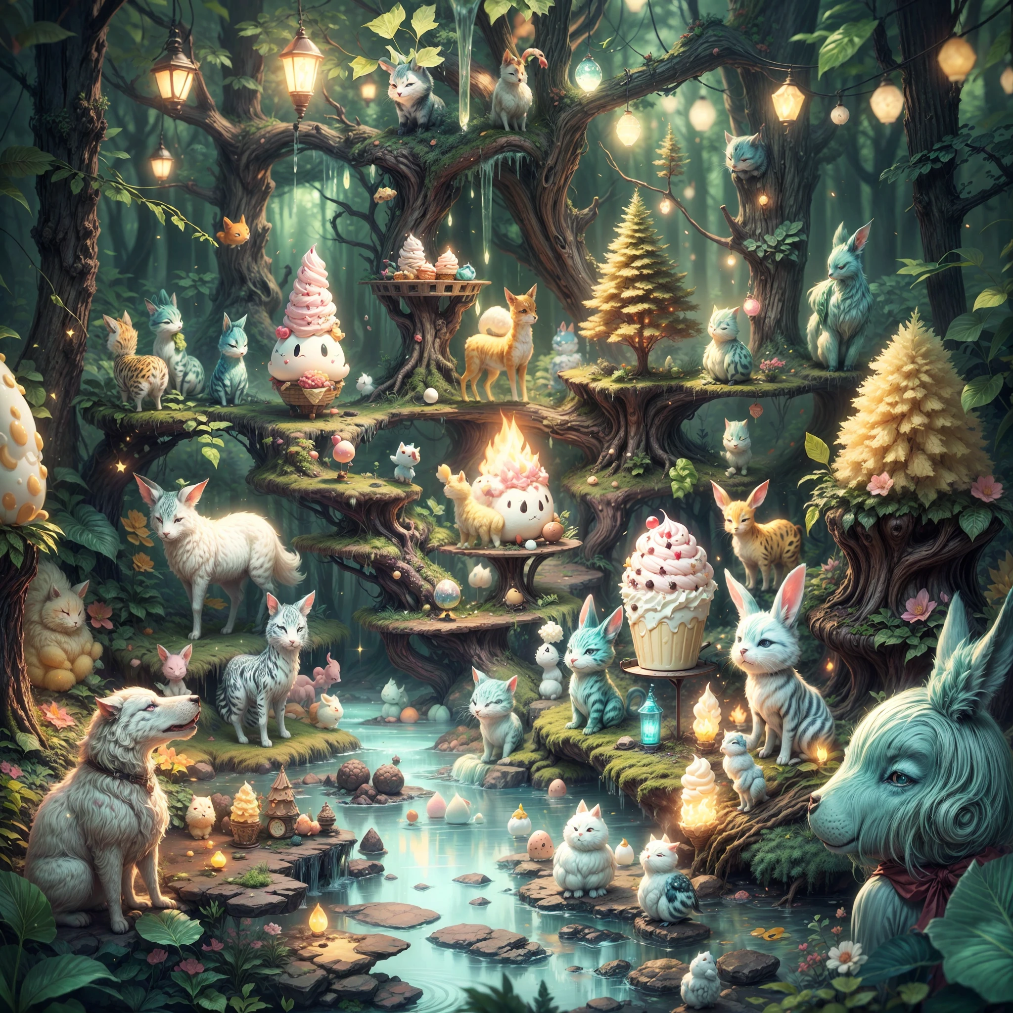 The scene is a deep forest full of mystery，Block architecture diagram，dynamic compositions，A mysterious forest dotted with egg roll ice cream，In the middle of the forest, there is a strange scene different from reality，A huge ice cream sparkles，Illuminate every animal and plant of the forest like a torch，All the animals come to worship under the ice cream，