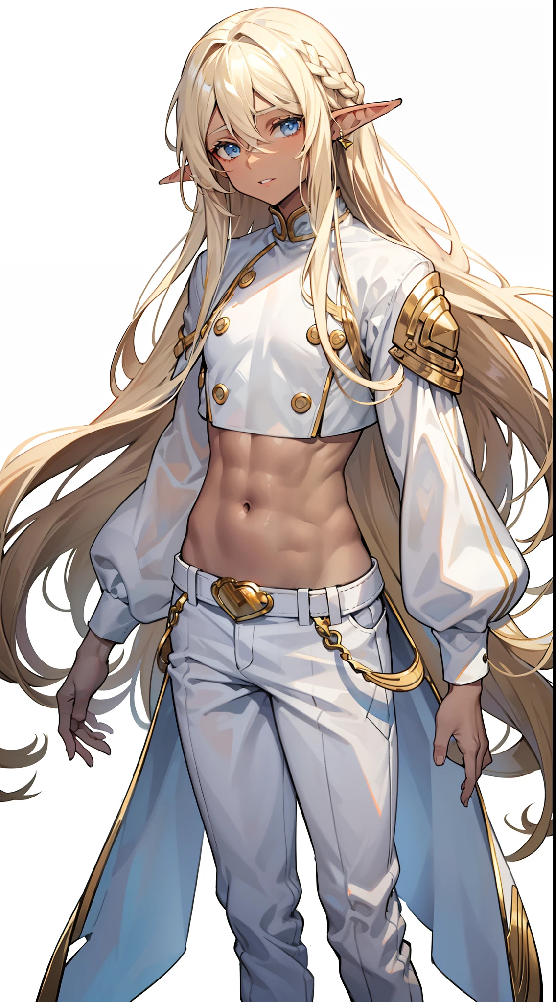 a beautiful man, extremely long hair , blonde hair , light blue eyes , ((brown skin+++)), adult male ,Solo, male, skinny , effeminate, full lips , wearing a crop top , wavy hair , skinny body , has elf ears
masterpiece, best quality, ((pure white background)), standing ,cold face, full body, jacket, white T-shirt, casual pants, (Fashionable clothing), happy, light effect, soft, super clear, (front), Solo
