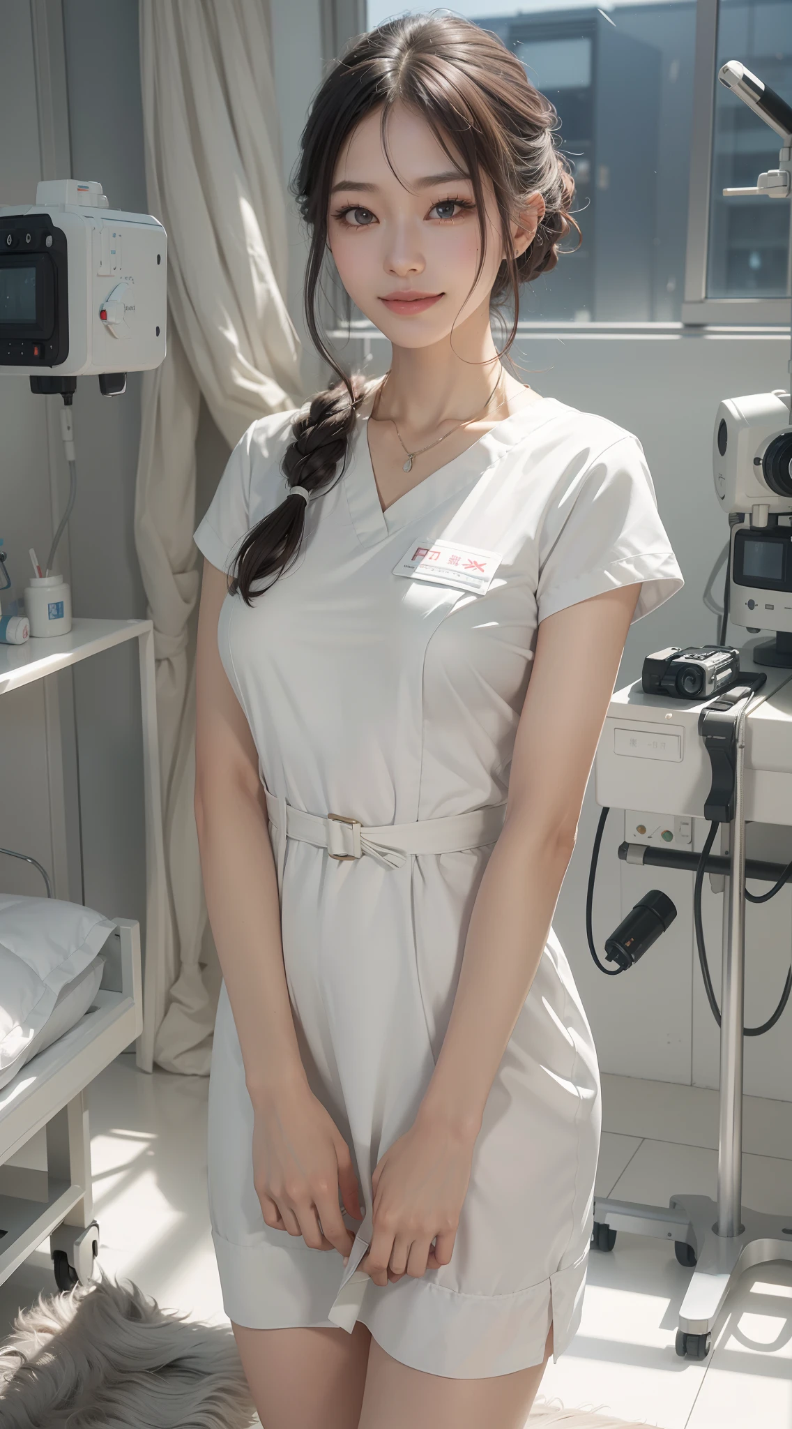 Photorealistic: 1.5, Hospital Patient Rooms: 1.5, nurse: 1.5, Nurse's clothes: 1.5, Cute young Japan, Big smile, drooing eyes: 1.3, (in 8K) , master piece, (No retouching, Lip gloss, False eyelashes, Real Skin, of the highest quality, 超A high resolution, depth of fields, chromatic abberation, Caustics, Wide Lighting, Natural Shading))