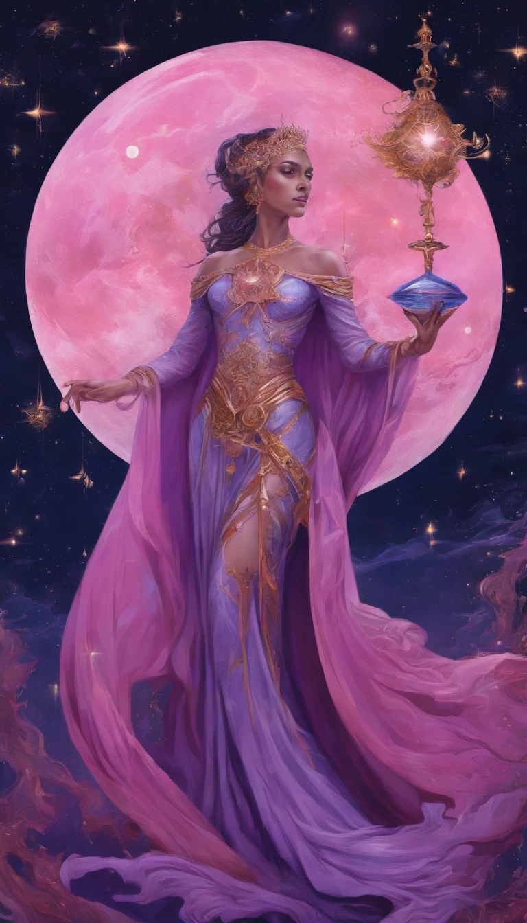 A distant cosmic being on his back and standing with a pink and violet cloak, entrando em um portal em forma de U invertido. The cosmic female being has an ancient wooden staff in one hand touching the water ground and in the other hand a lit lantern, em um pano de fundo de violeta, azul, e roxo. A sky full of stars, com um grande, Lua Cheia Brilhante.