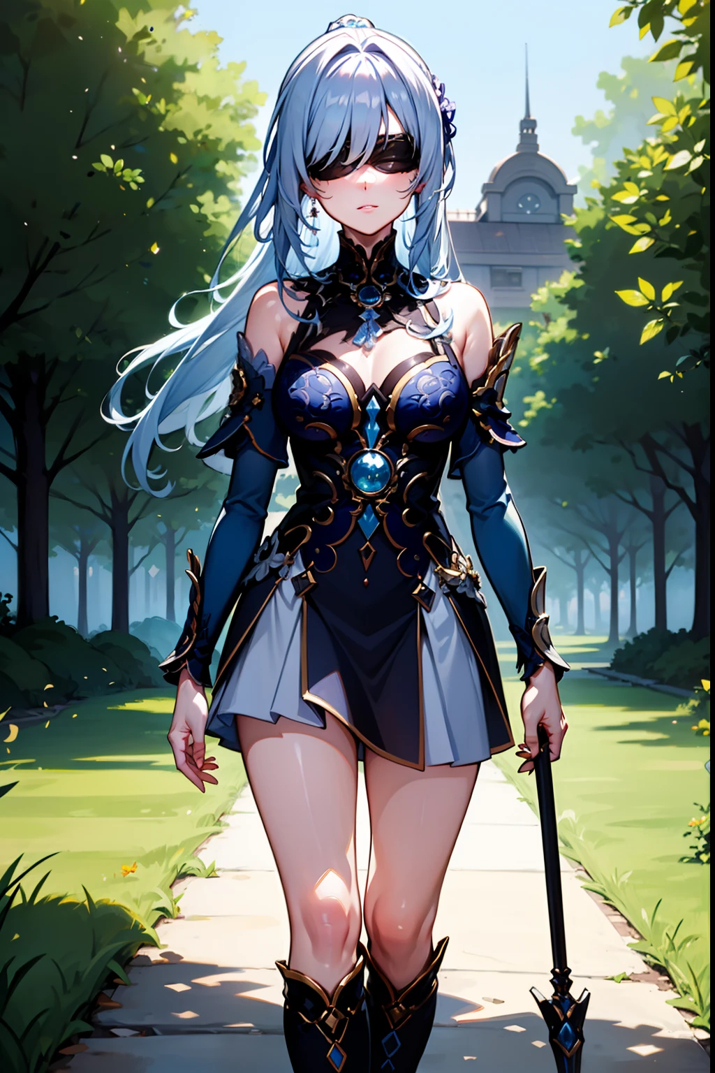 (masterpiece, best quality, ultra-detailed), 1girl, JingliuHSR, blue hair, long hair, looking at viewer, medium breasts, blindfold, walking, grass, trees