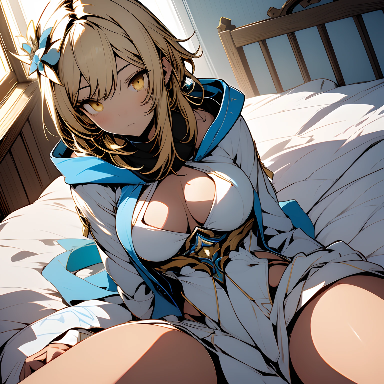 (masterpiece, best quality), beautiful girl, Lumine from "Genshin Impact", 
luminedef,  laying down on a bed in her room, (detailed beautiful eyes) medium body shot, (crop-top white and blue hoodie, underboob) blonde, short hair, yellow eyes, ultra detailed yellow eyes, full-body shot,