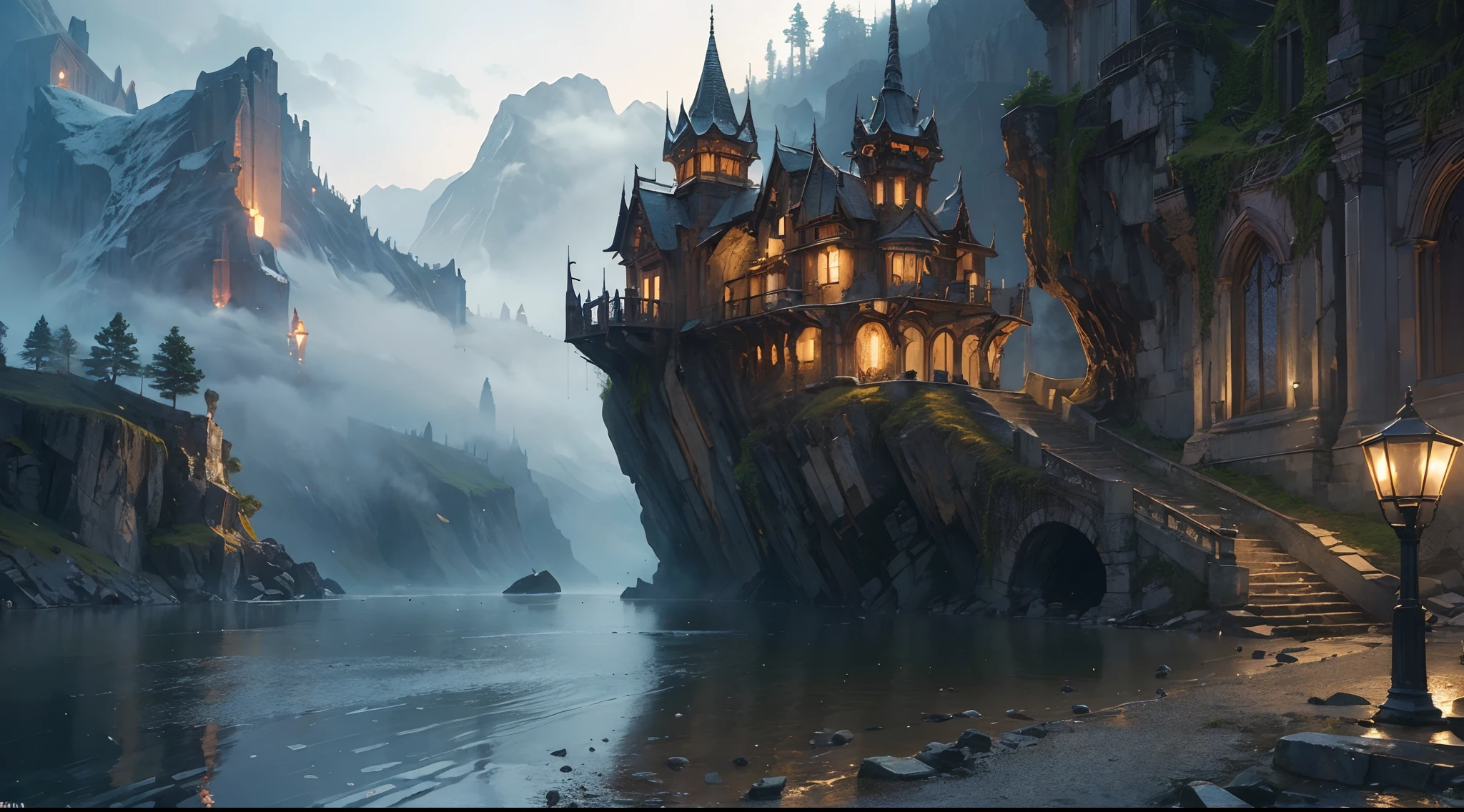 "(by Greg Rutkowski: 1.2), (masterpiece), (best quality), extremely delicate and beautiful, illustration, (fantasy landscape), depth of field, HDR, intricate, delicate, (No human presence), photorealistic depiction, live action feel, creating a visual masterpiece with the best possible quality. (Highlighting the fantastic elements of dwarven city, emphasizing the effects of collapse and severe weathering). Providing a distant view that captures the grandeur and atmosphere."