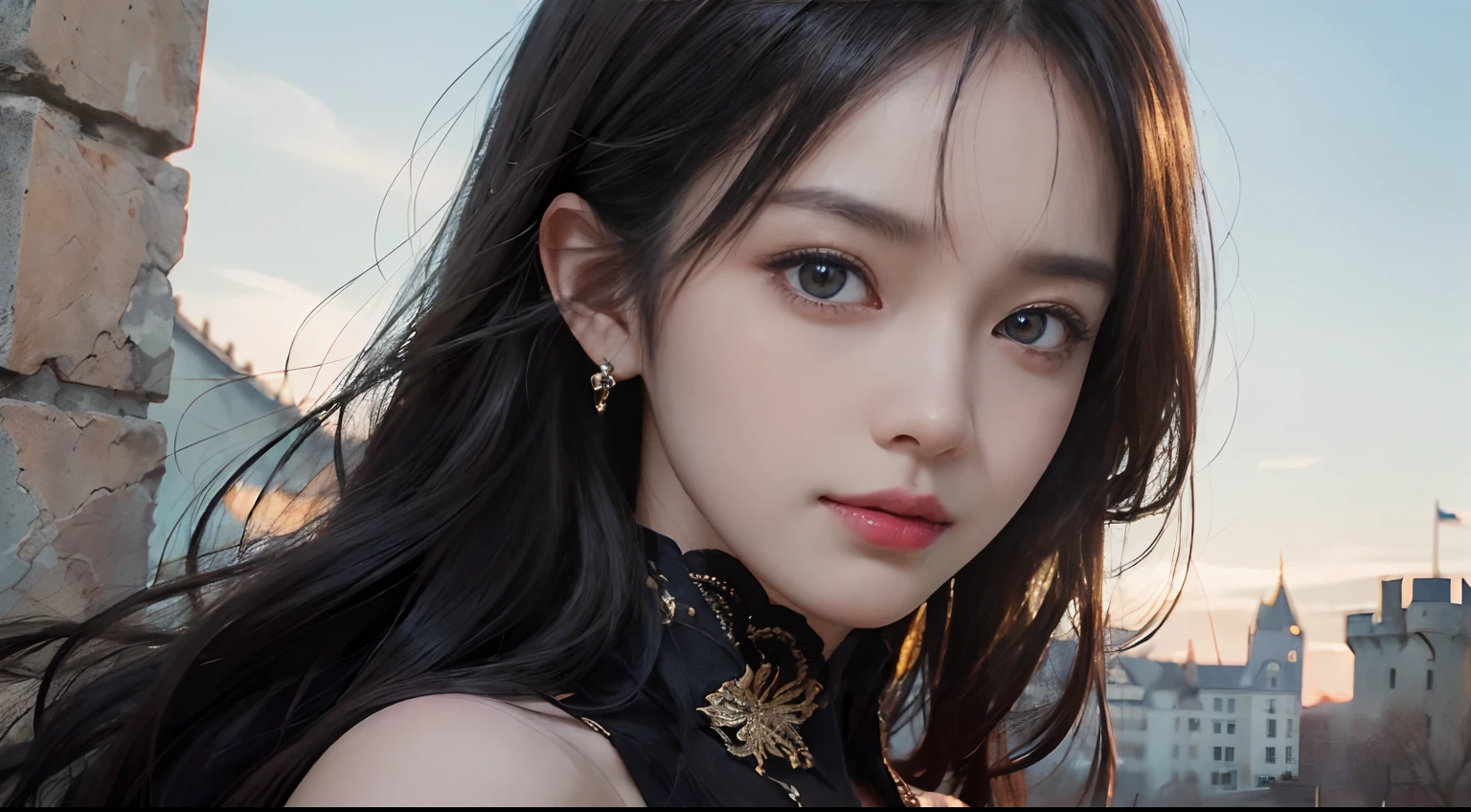 (ultra-realistic realism)、(illustratio)、(A high resolution)、(8K)、(The is very detailed)、(Best Illustration)、(Beautifully detailed eyes)、(top-quality)、(ultra - detailed)、(tmasterpiece)、(the wallpaper)、(A detailed face)、独奏、1 girl in、looking at viewert、finedetail、A detailed face、in the darkness nigth、deep shading、low tune、pureerosfaceace_V1、A smile、Long、Black shawl straight hair、46-point diagonal bangs, (silk dress、long skirt)(cropped shoulders)The view of the castle、、Stand against the wall