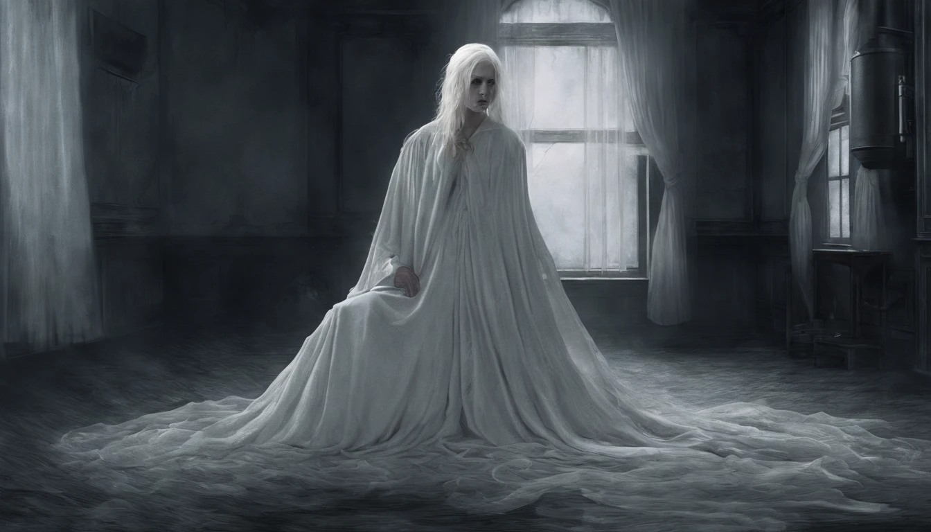 ((masterpiece)), ((best quality)), (ultra detailed:1.2), highly detailed, (horror), (ultra detailed illustration of In Ghost of a singing translucent woman in white dress:1.2), (sing:1.3), (solo), (pale skin:1.4), (white color hair:1.3), (whites of the eyes:1.2), Inside the room, (nighttime), (Silent Hill),