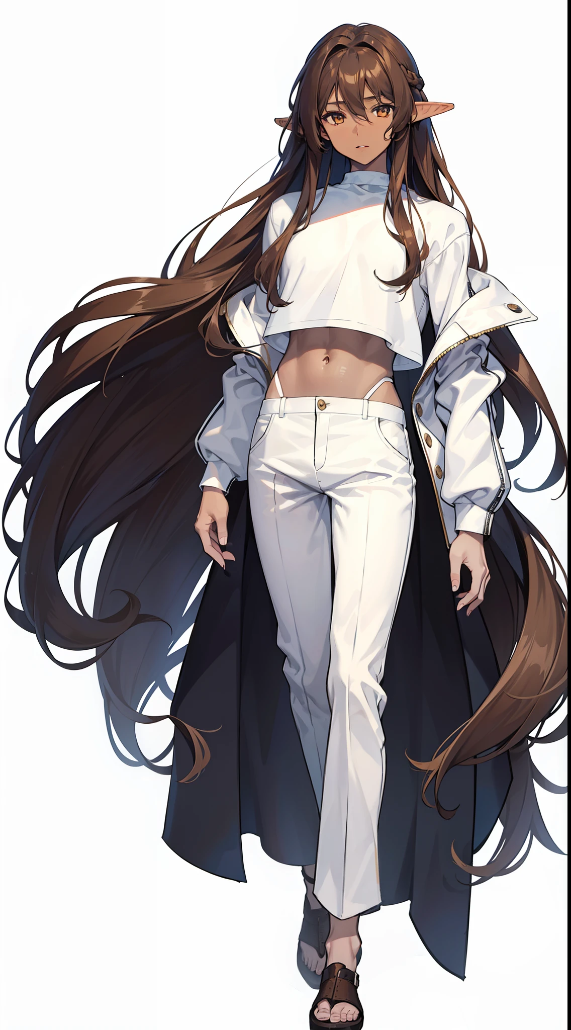 a beautiful man, extremely long hair , brown hair , light brown eyes , ((brown skin+++)), adult male ,Solo, male, skinny , effeminate, full lips , wearing a crop top , wavy hair , skinny body , has elf ears
masterpiece, best quality, ((pure white background)), standing ,cold face, full body, jacket, white T-shirt, casual pants, (Fashionable clothing), happy, light effect, soft, super clear, (front), Solo
