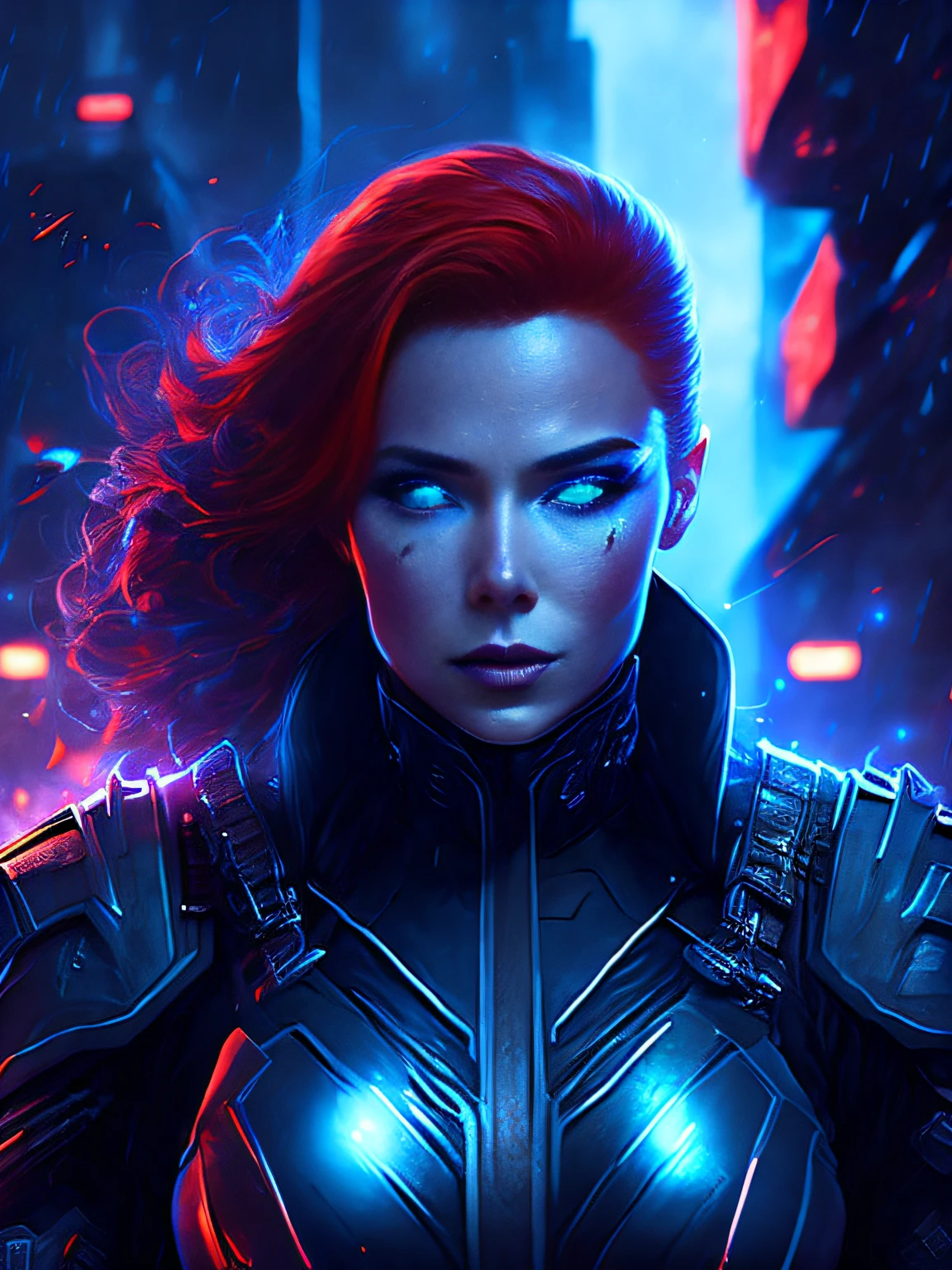 gloomy portrait of black Widow from Marvel, extremely detailed, futuristic cityscape, nighttime, glowing neon lights, smoke, sparks, metal shavings, flying debris, blue energy effects, volumetric light