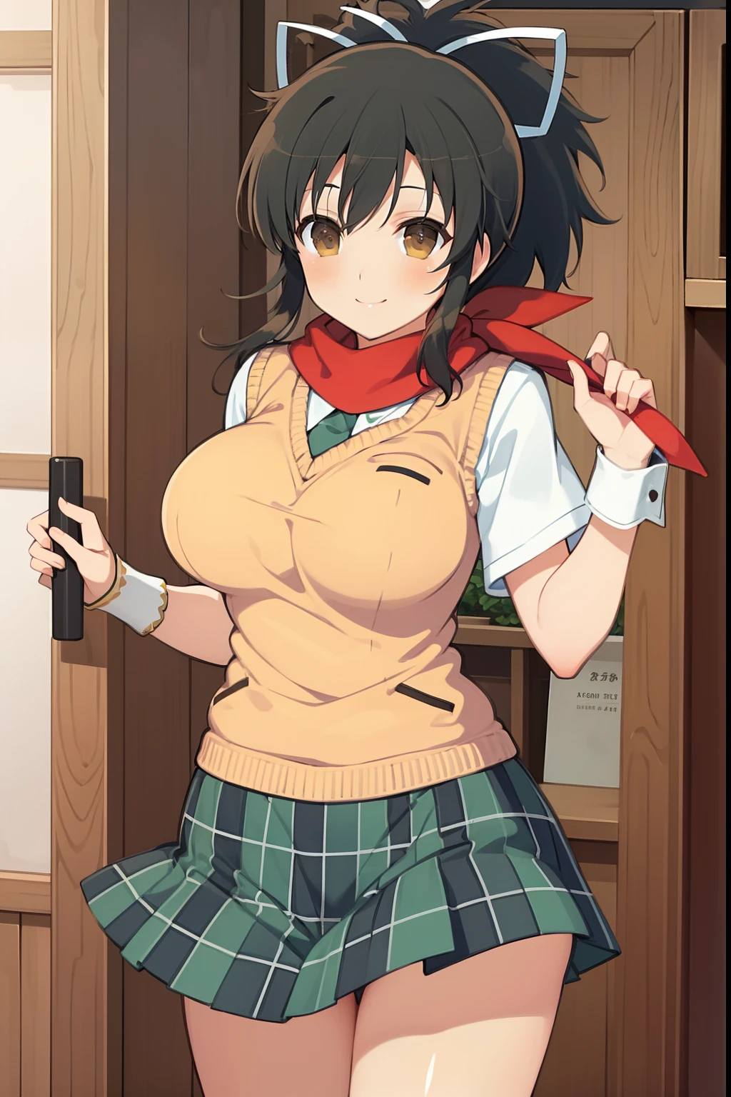 masterpiece、top-quality、Asukasuku、Kunoichi Asuka Uniform、Female one、short-hair、poneyTail、Colossal tits、wide-hips、red scarf、Hair Ribbon、White ribbon、Light brown sweater vest、pleatedskirt、Green Short Skirt、Black Niso、Private Mouse、A smile、Happiness、Cowboy Shots、front-facing view、ultra-detailliert、animesque、Senran Kagura、