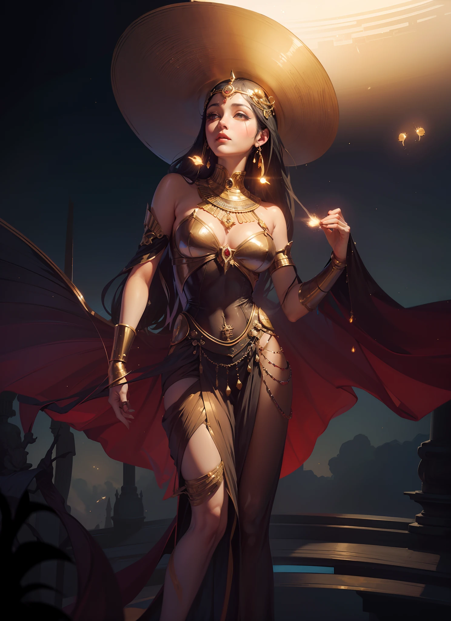 1920's Egyptian Queen art, gaussian, ultra detailed cel shading drawing of a woman with gaussian dress flying, gossamer dress, blushed, magical detailed Egyptian architecture , flowing, tiny fireflies, stunningly beautiful face, symmetric eyes, evenly spaced eyes, focus on face, dynamic pose, holographic, light particles, ultra detailed, hit definition, 32k resolution, best quality, flat lighting, flat colors, manga, anime, cartoon, vector, (colorful and vibrant) ((high saturation)), 1920's Art Deco art style