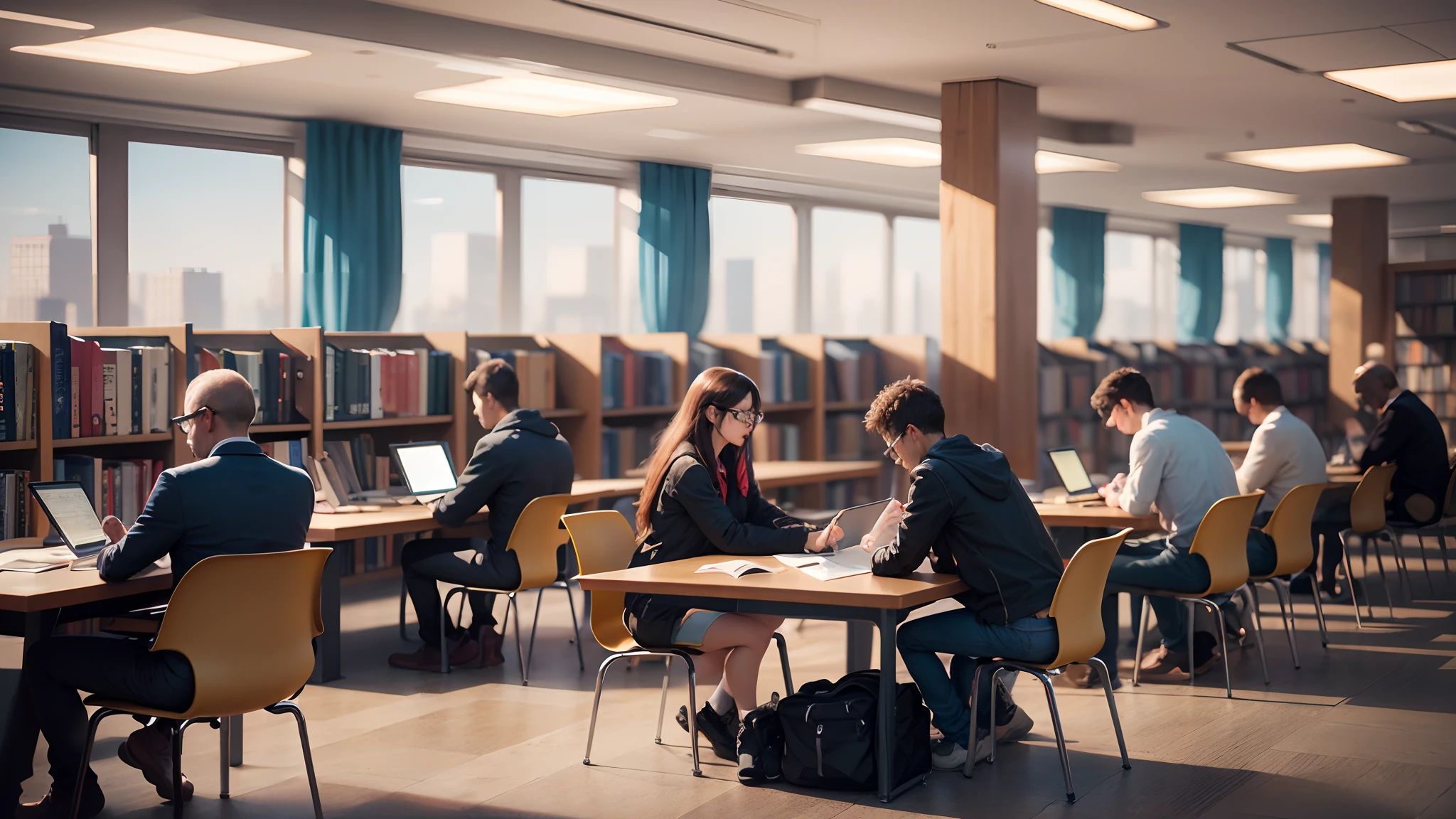 People Studying in a Library, 8k, Ultra Realistic (Photorealistic), Vibrant Details, Sharp Focus, Studio Photo, Ultra Detailed, Polarized Filter, Professional Lighting, --auto --s2