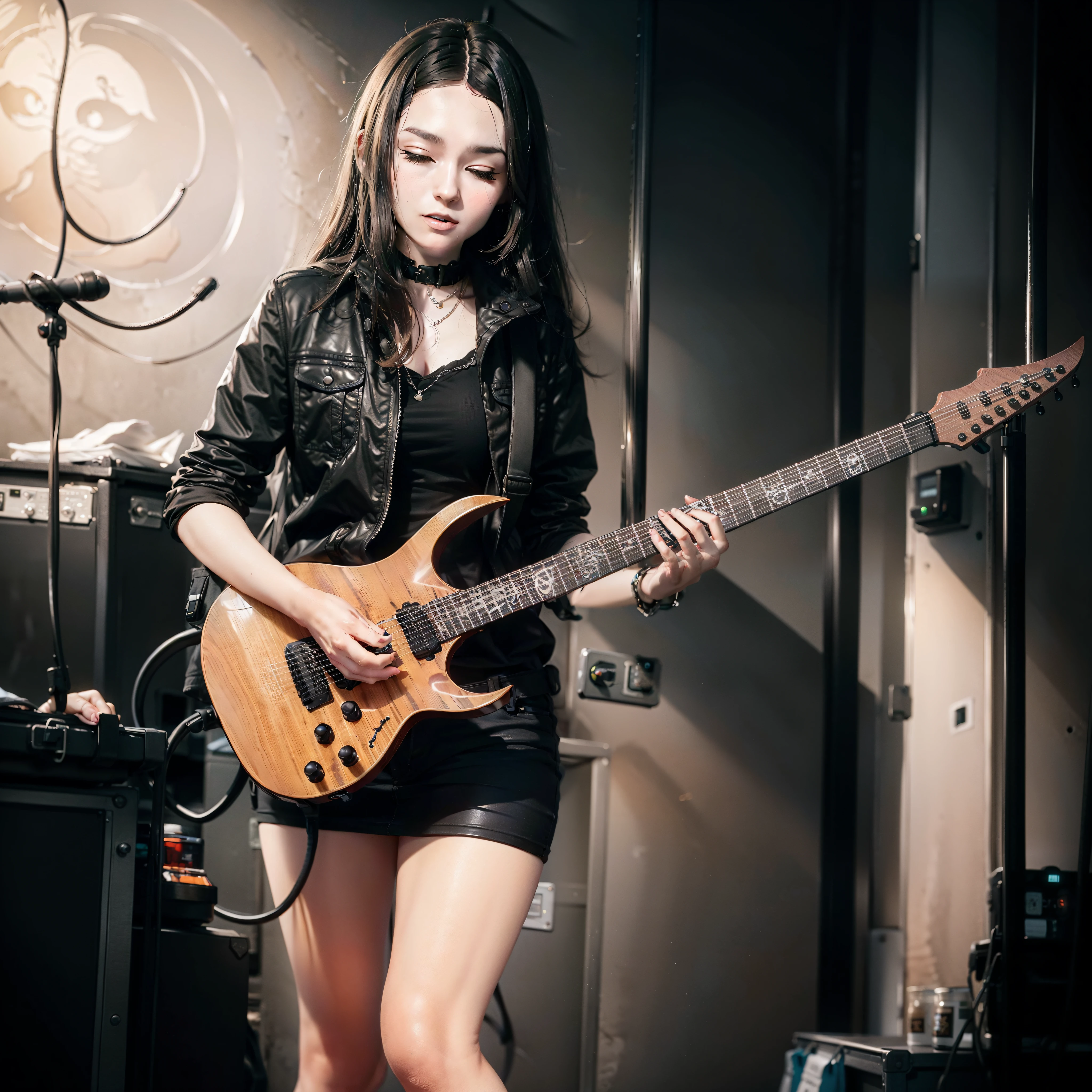 Arafed woman with a guitar sitting on the floor in a dark room, holding electric guitars, photo from a promotional session, bass guitarist, holding guitars, rear shot, holding electric guitar, dreamy rock girl, Shell, electric woman, lower angle, guitarist, holding an electric guitar, promotional shot, holding an electric guitar, The girl plays the guitar.