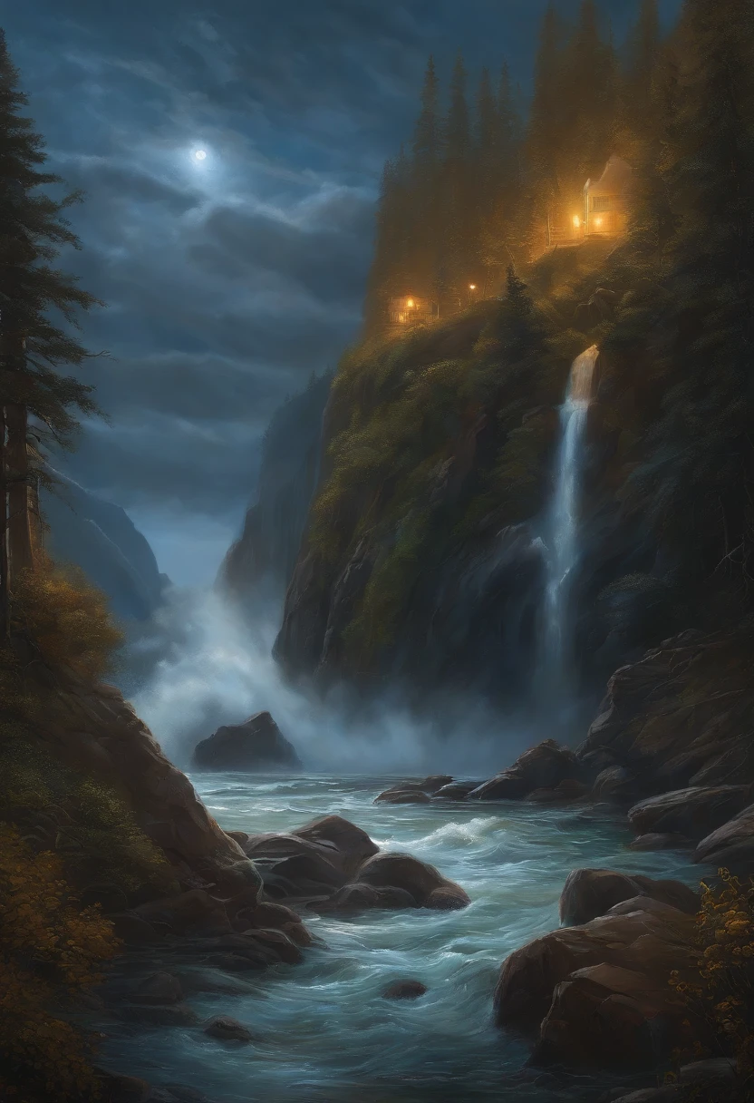 Real picture（（Oil paints ））Landscape painting,acrycle painting，Brush strokes，With unparalleled realism,Mona Lisa Lighter,Huge waves,Starry night,Harry Potter,voluminetric lighting,Clearing,Realistic,james gurney,art  stations，（（Oil painting paint））