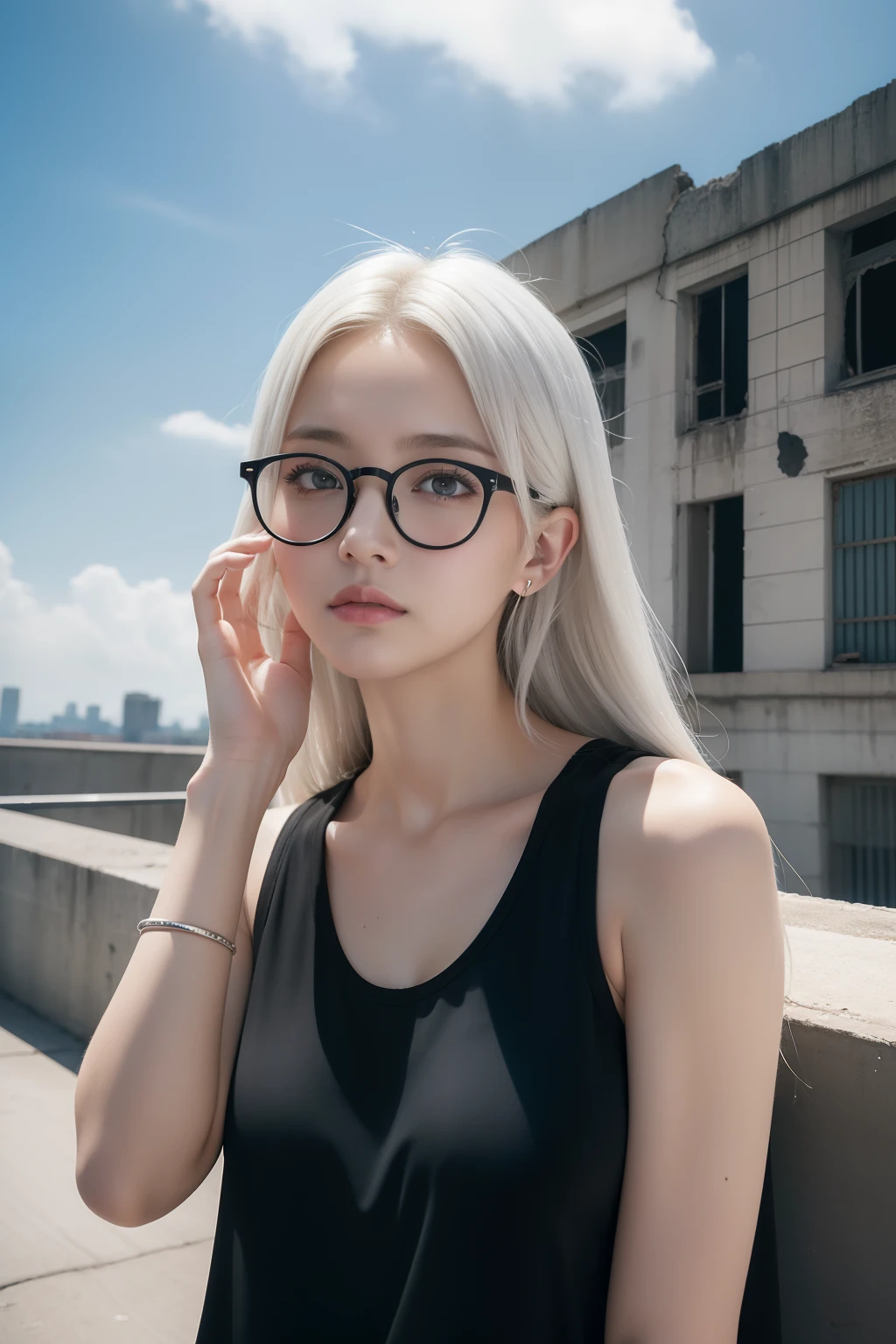 masterpiece、8K、Raw photography、(reallistic:1.4)、High-resolution mouth、The eyes are high definition、Shiny skin、big eye、Round face,Double eyes、Puffy eyes、Medium-breasted women, (Long hair:1.4)、half-opened mouth、Provocative facial expressions、One lady、20yr old, sad Facial expression、full body Esbian、Woman with glasses、Black tank top、Stand on the roof of an abandoned building、Gaze looking up at the sky、Cloudy light、Woman with white hair、film grains、Movie Light、Hair is disheveled by the wind、Side shot angle、