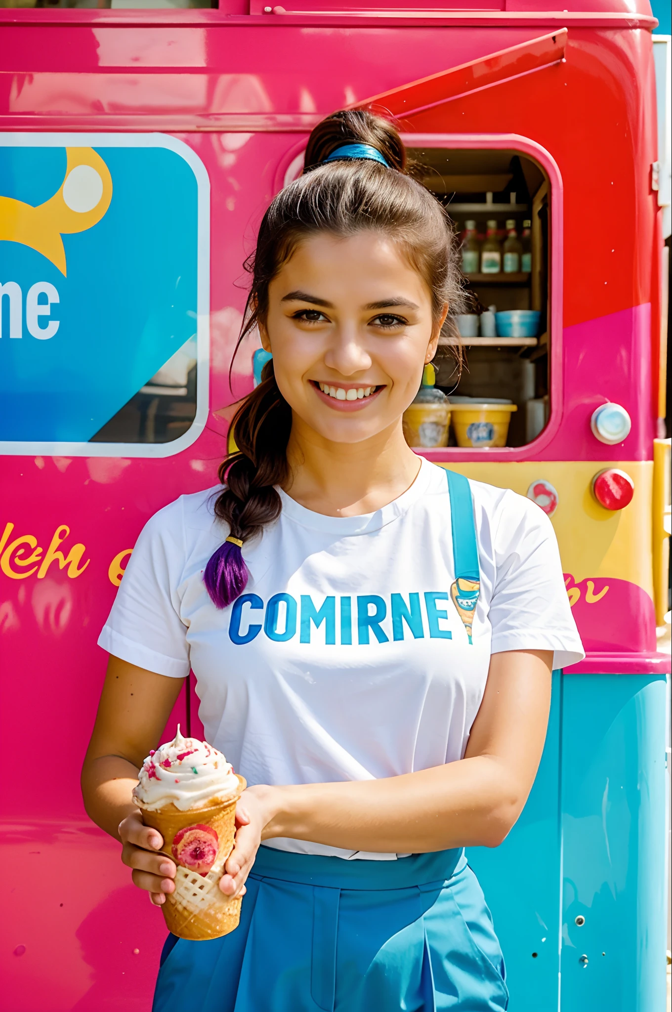 An attractive ice cream woman stands in front of her colorful ice cream truck, holding out a delicious ice cream cone to the viewer. She is wearing a cute uniform and her hair is styled in a playful ponytail. Her smile is warm and inviting as she offers the sweet treat. The image is of the highest quality, capturing the vibrant colors of the ice cream truck and the friendly demeanor of the ice cream woman.