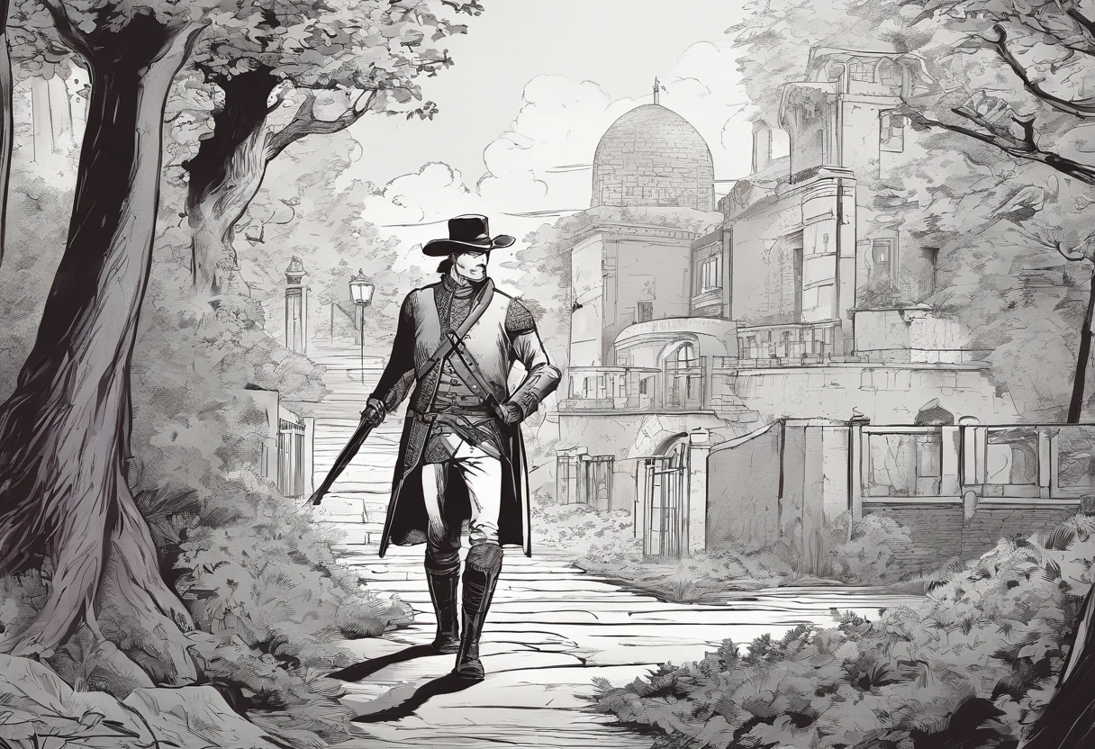 There is a city with a wall protecting. A fearless man walking out the doors into a shadowy forest with a shotgun in his hand. Eighteenth century style clothes of the French wars