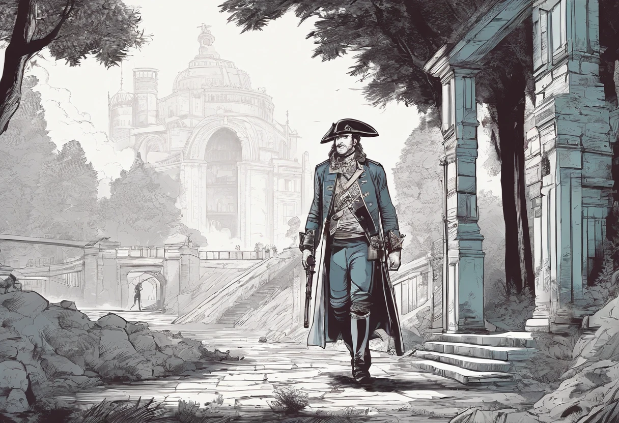 There is a city with a wall protecting. A fearless man walking out the doors into a shadowy forest with a shotgun in his hand. Eighteenth century style clothes of the French wars