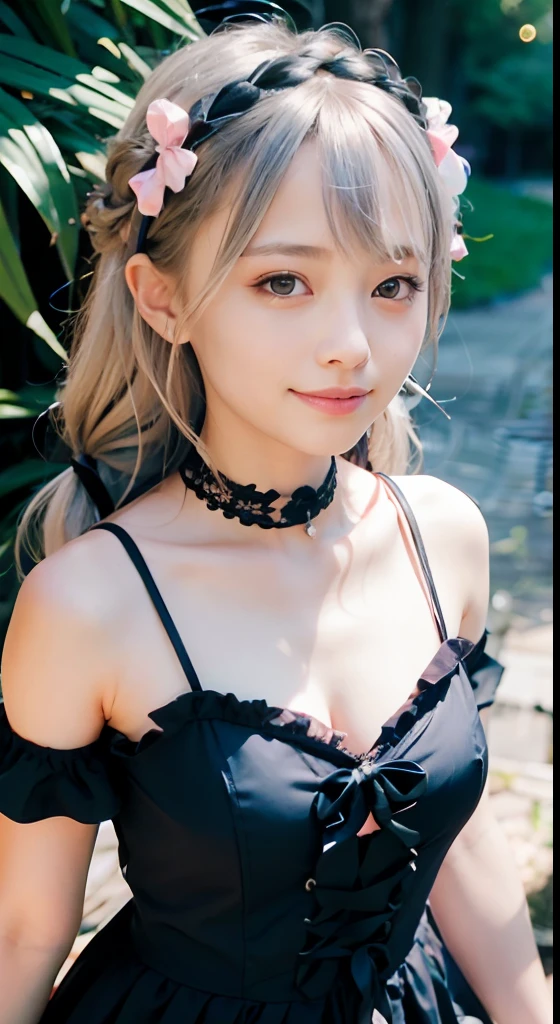 (ultra-detailliert), Cute princess dresses in black color,(frilly dress),(shortsleeves),Blue eyes,The upper part of the body、a closeup、faces、(A smile:1.5),(facing front:1.2), 20yr old, teens girl,no tail,(no tail),2D, masterpiece, top-quality, animesque, A detailed eye, A detailed face, girl with, Only 1 person,Silver-haired medium hair, (Silvery hair), Ear Hair, small tits, Single braid, (Single braid), (Side braid), Pink ribbon, Ribbon around the neck, (White sleeves), Background bokeh