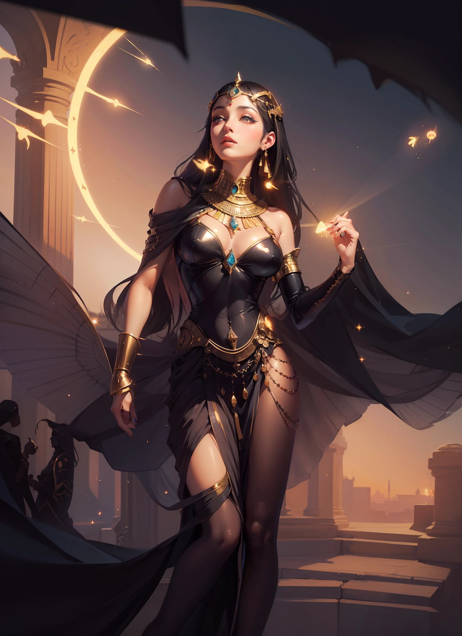 1920's Egyptian Queen art, gaussian, ultra detailed cel shading drawing of a woman with gaussian dress flying, gossamer dress, blushed, magical detailed Egyptian architecture , flowing, tiny fireflies, stunningly beautiful face, symmetric eyes, evenly spaced eyes, focus on face, dynamic pose, holographic, light particles, ultra detailed, hit definition, 32k resolution, best quality, flat lighting, flat colors, manga, anime, cartoon, vector, (colorful and vibrant) ((high saturation)), 1920's Art Deco art style