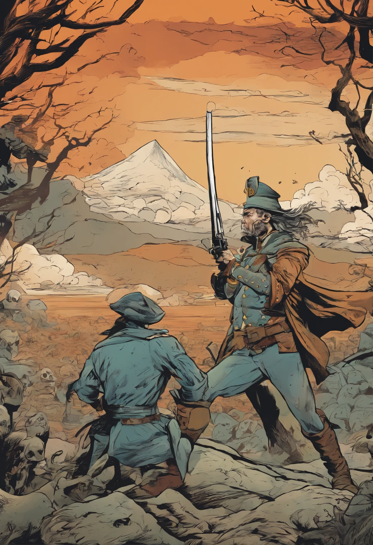 There's an 18th-century soldier with a musket gun pointed at a zombie creature, Bruxa feiticeira ajudando. Casas e criaturas morrendo